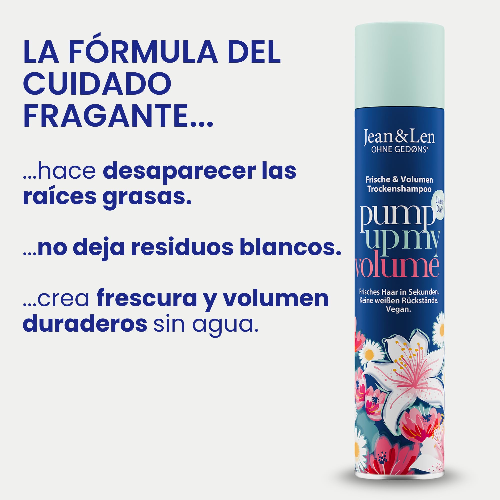 Jean & Len champú en seco frescor y volumen, sin raíces grasas, sin restos blancos, aroma floral y fresco a lirio, para cabello fino sin volumen, sin parabenos ni siliconas, vegano, 200 ml
