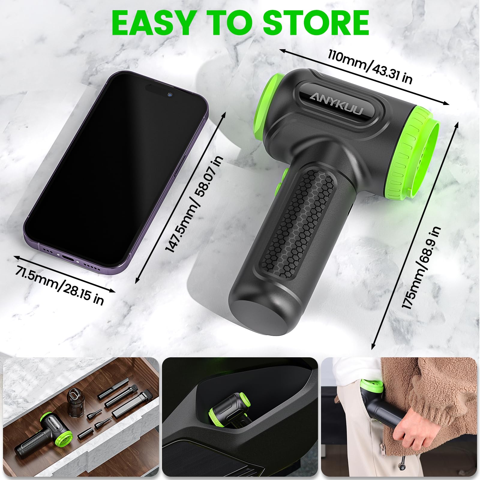 Anykuu Elektrische Staubgebläse 2-in-1 Blasen & Saugen 91000RPM & 12KPA PC Staubgebläse Tiefenreinigung USB Schnellladung mit 7600mah Akku Air Duster für Bürogeräte Auto Sofa Schwimmring BBQ | Blasen und Saugen, 7600mAh Akku, USB-Schnellladung, für PC, Bü