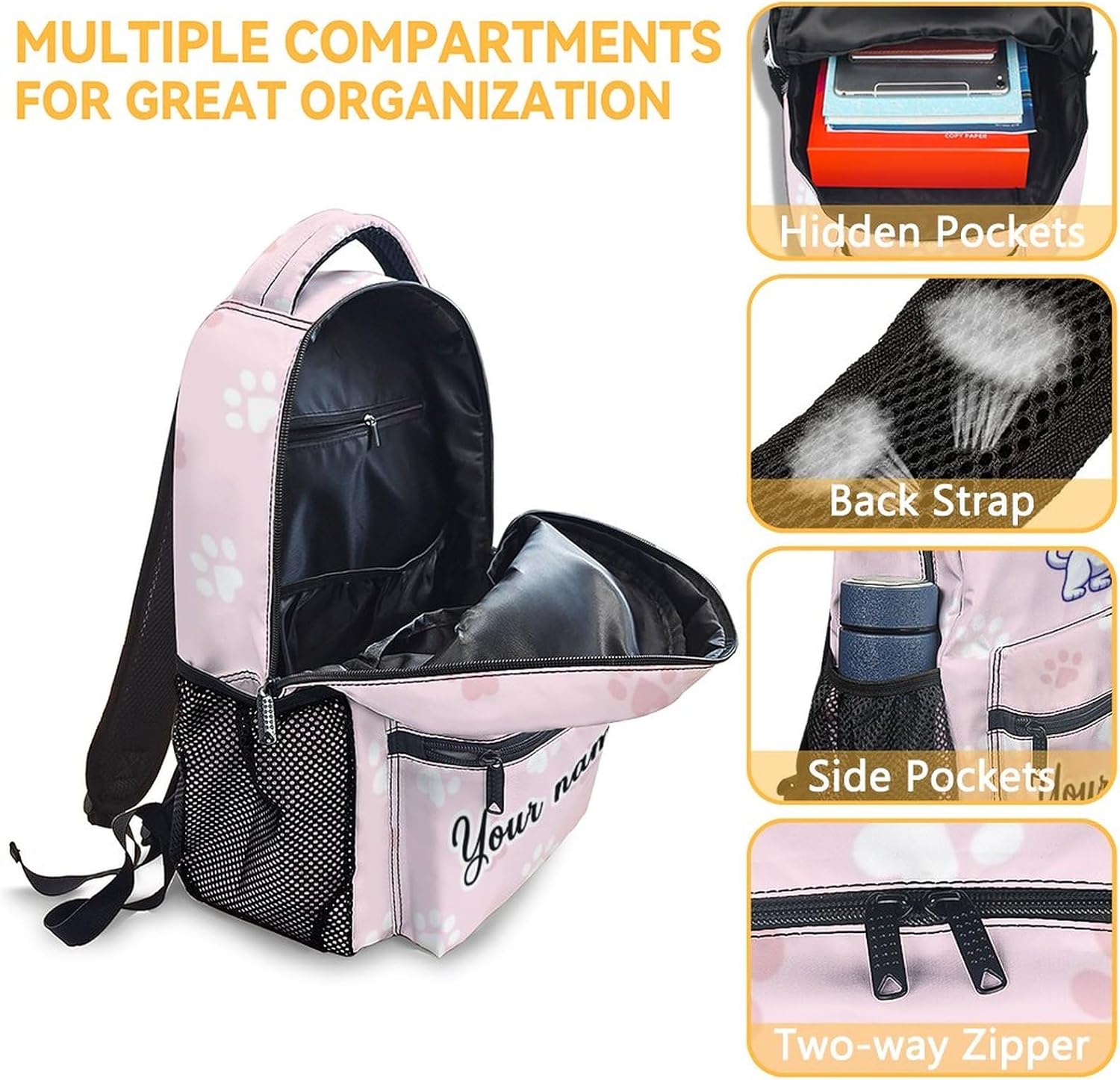 Custom Cat Backpack for Girls Boys, 16 Inch Pink Backpacks for School, Cute Lightweight Durable Bookbag for Kids