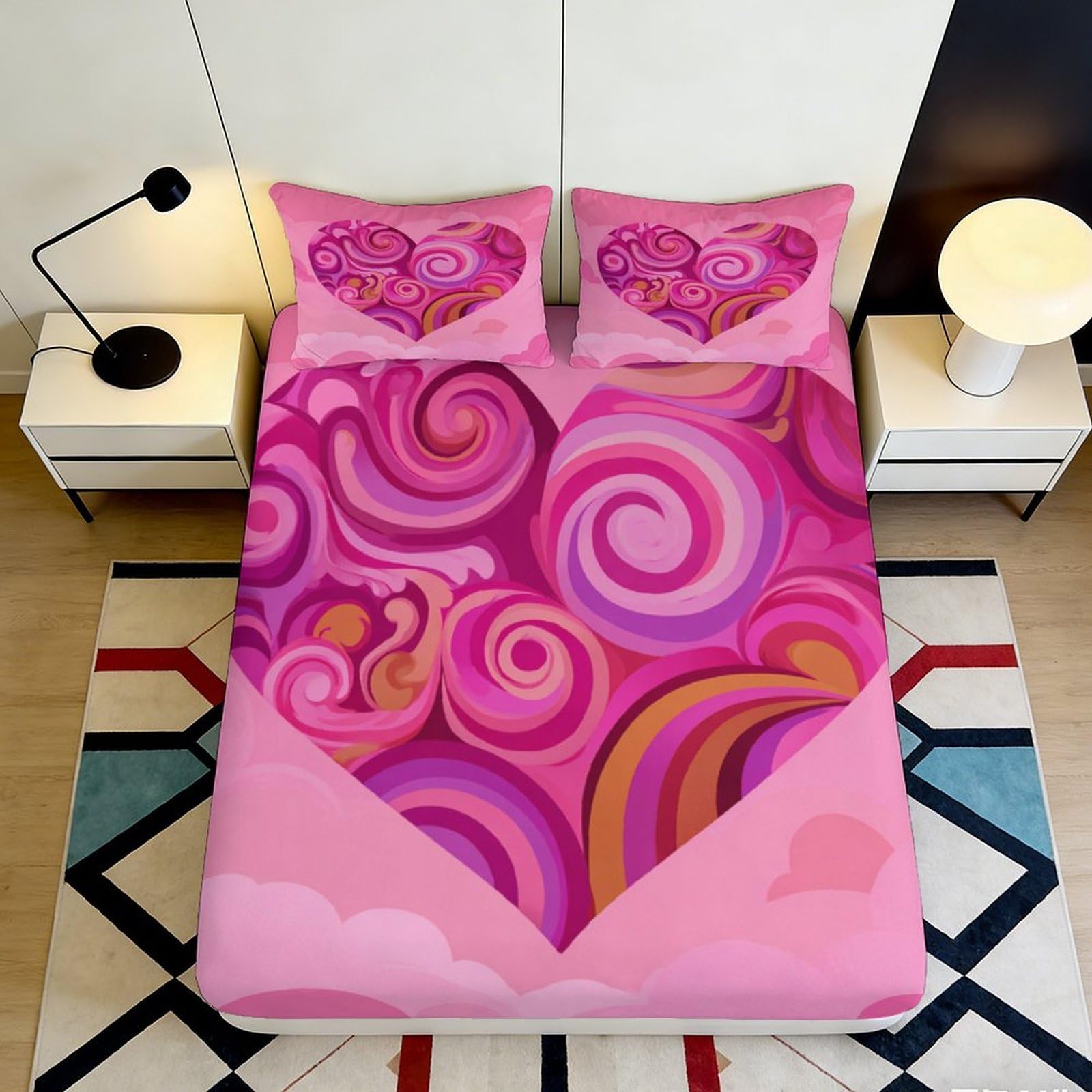 Pnayamiorkfel Style-1 3D Printed Pink Swirl Heart Fitted Sheet Microfiber Soft Bedroom Decor Abstract Pattern Mattress Cover 90X200x25cm