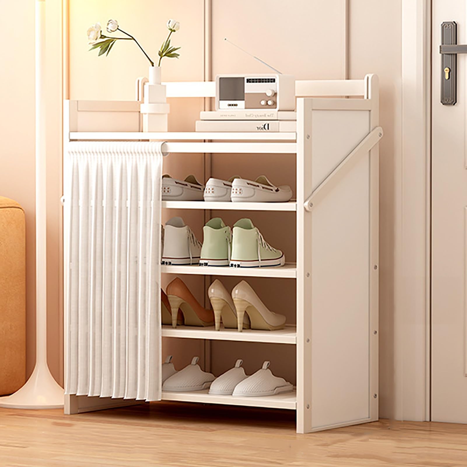 Foldable Shoe Rack No Assembly Required Bamboo Shoe Indoor/Outdoor Storage Shelf Independent Shoe Cabinet for Entryway Camping 2 Tier Black Color(White-5 Layers 19.7in)