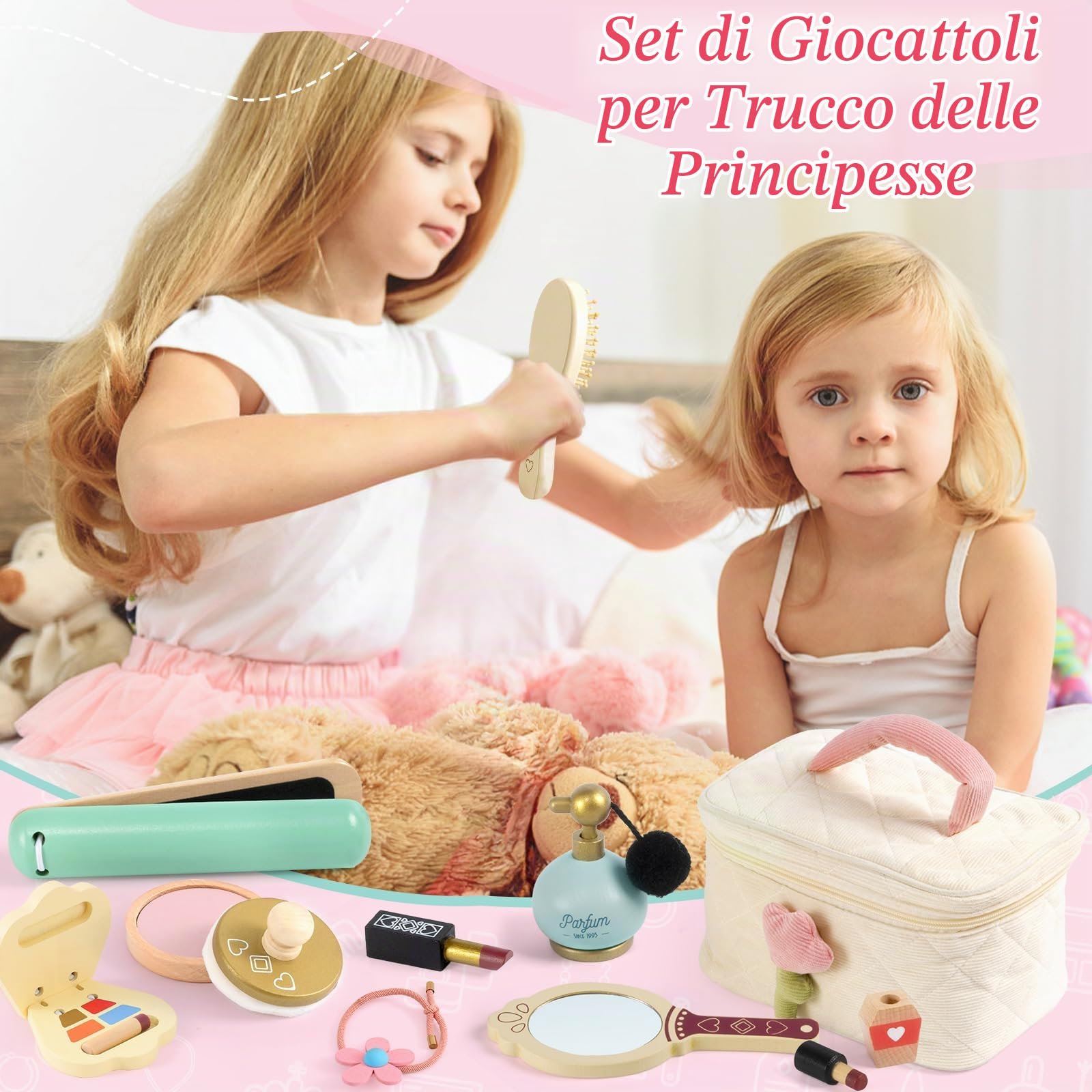 Atoylink Trucchi Bambina in Legno 3 4 5 6 Anni, Finti Trucchi Set con Set Parrucchiera Bambina Trousse Trucchi Giocattoli Giochi Legno Regalo per Bambini Ragazza 3 4 5 6 7 Anni