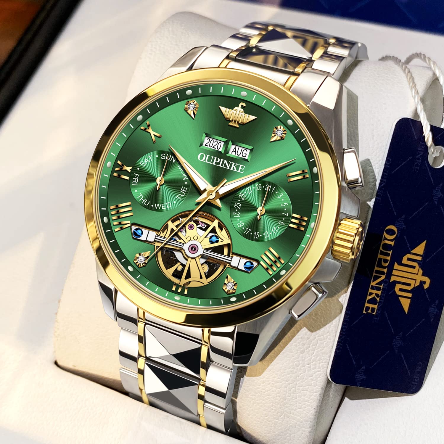 OUPINKE Herrenuhren Automatik Mechanisch Selbstaufzug Skelett Luxus Saphirkristall Diamant Wolframstahl Wasserdicht Business Kleid Uhren Geschenke