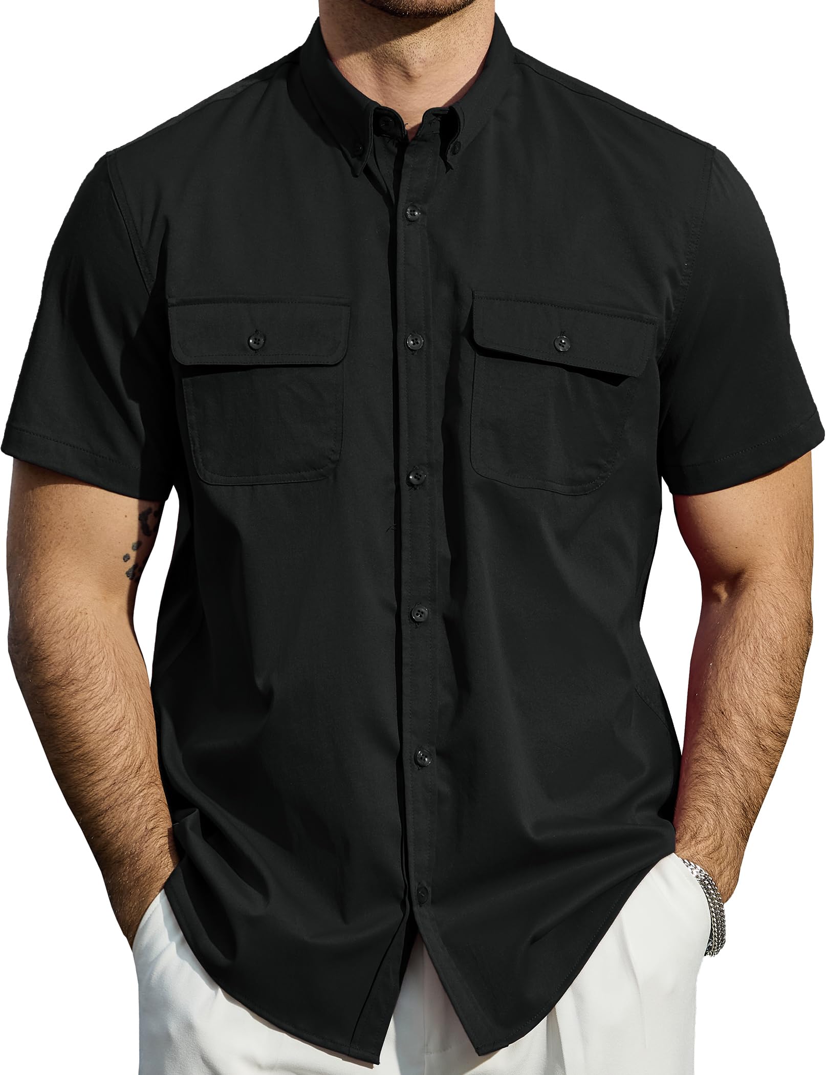 JOGAL Camisa de manga corta con botones para hombre, ajuste regular, camisa de trabajo con botones y dos bolsillos