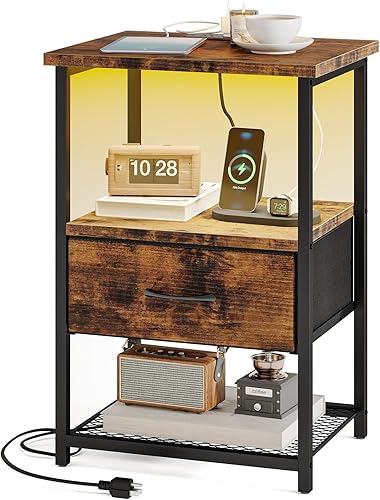 Miniatura 41 de Fixwal Mesita de noche con 3 cajones de tela, mesita de noche para dormitorio, mesita de noche con estación de carga, mesa auxiliar con Marrón