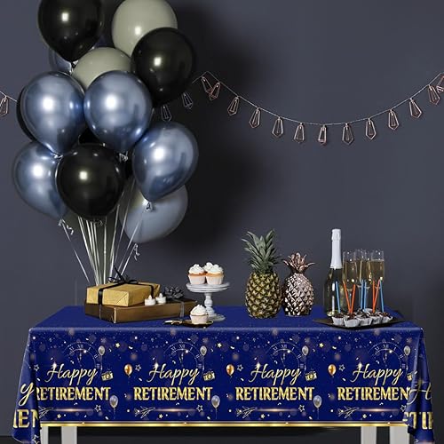 Miniatura 6 de GREHUMOR Mantel de feliz jubilación, 3 piezas, decoración de fiesta de jubilación, mantel azul dorado para mujeres y hombres, mantel rectangular de