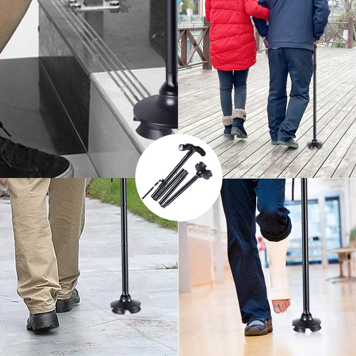 jiele Bastone da Passeggio Portatile, Portatile Canna Regolabile, Con Luce LED e Cuscino Manico Bastone Pieghevole Regolabile per Uomini e Donne, Pieghevole, Non Slip, Nero