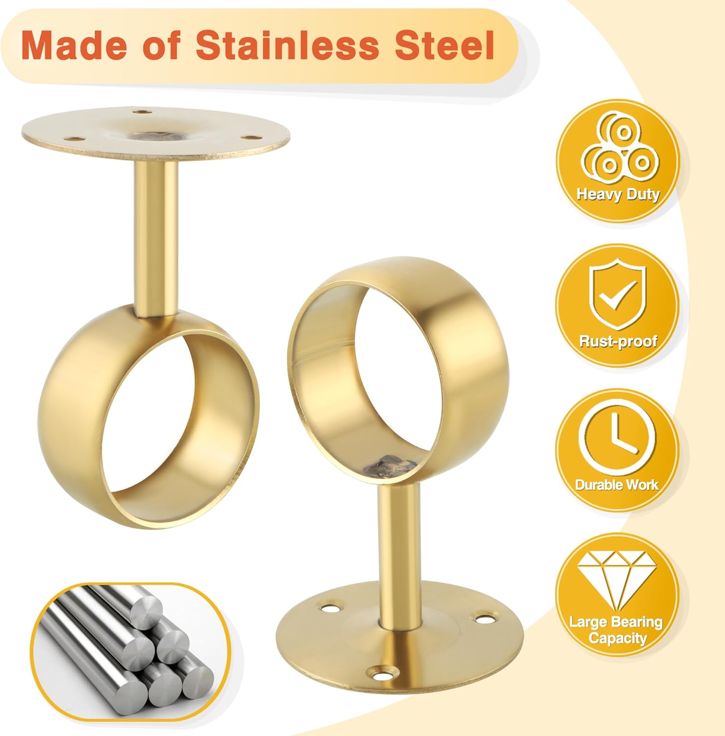 Alise Curtain Rod Holders Bracket 2''Dia,Closet Rod Holders Wall Mount,Ceiling Mounted Curtain Rod Flange Brackets,Ceiling Curtain Rods Brackets for Bathroom Curtain,Stainless Steel Gold Finish,4 Pcs