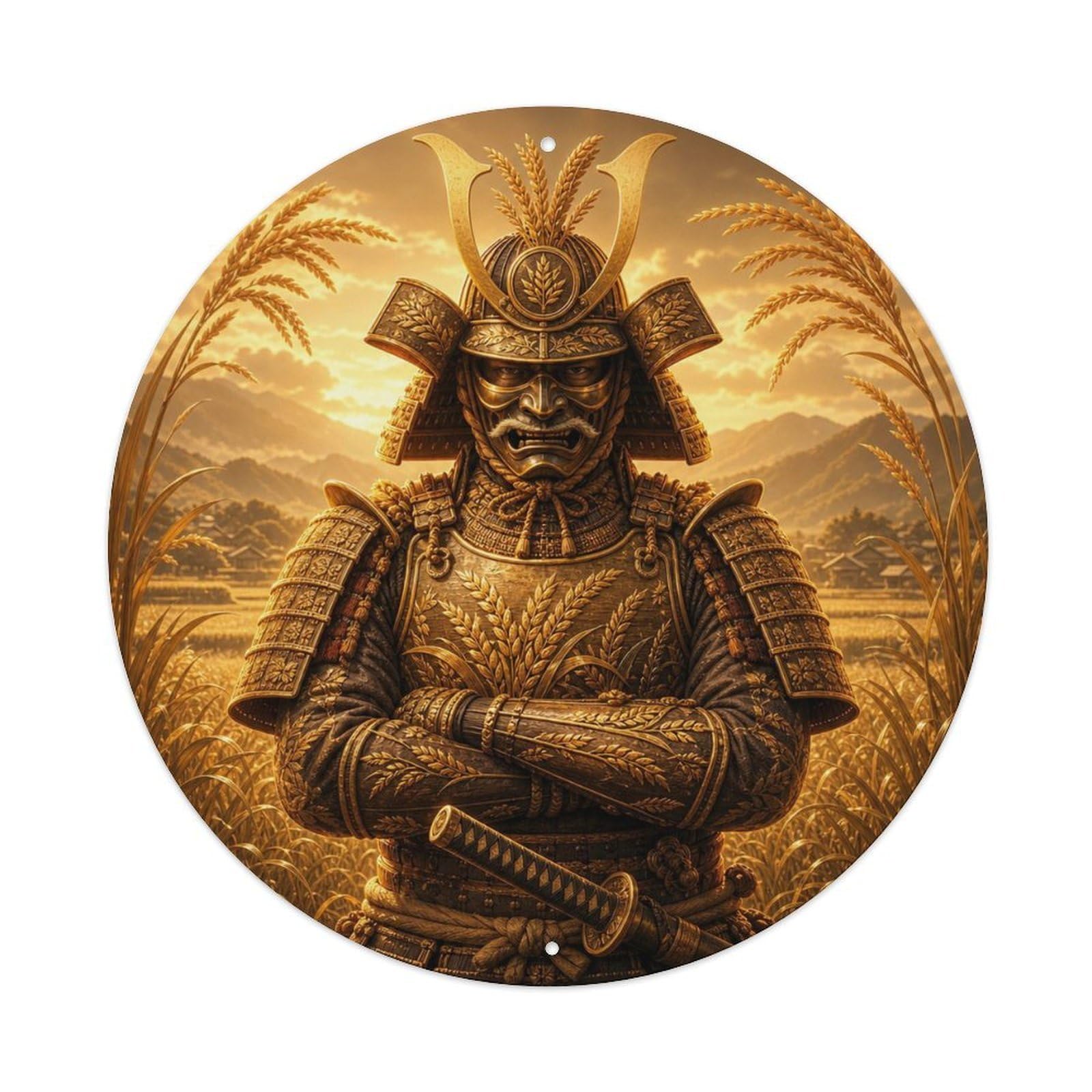 Okngb Style Blade Gold Harvest Crossed Arms Authority Samurai Crest Metal Tin Sign Plaque Wall Decor For Cafe, Man Cave, Club Bar, Office, Home Garden Round Metal Poster 8X8inch