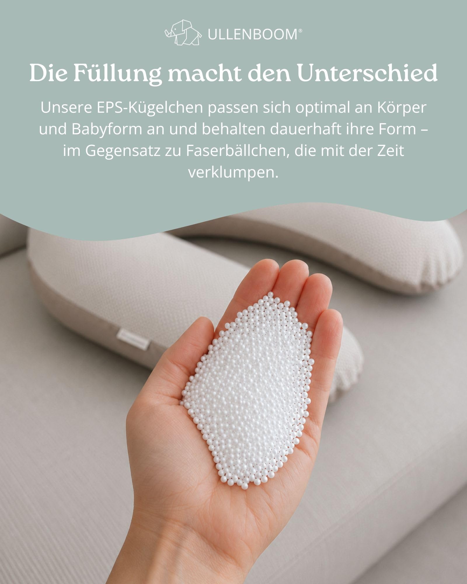 ULLENBOOM Stillkissen 190 cm - 100% OEKO-TEX Materialien, Ideal als Schwangerschaftskissen & Seitenschläferkissen - Stillkissenbezug 100% Baumwolle, Füllung: Mikroperlen, Sand