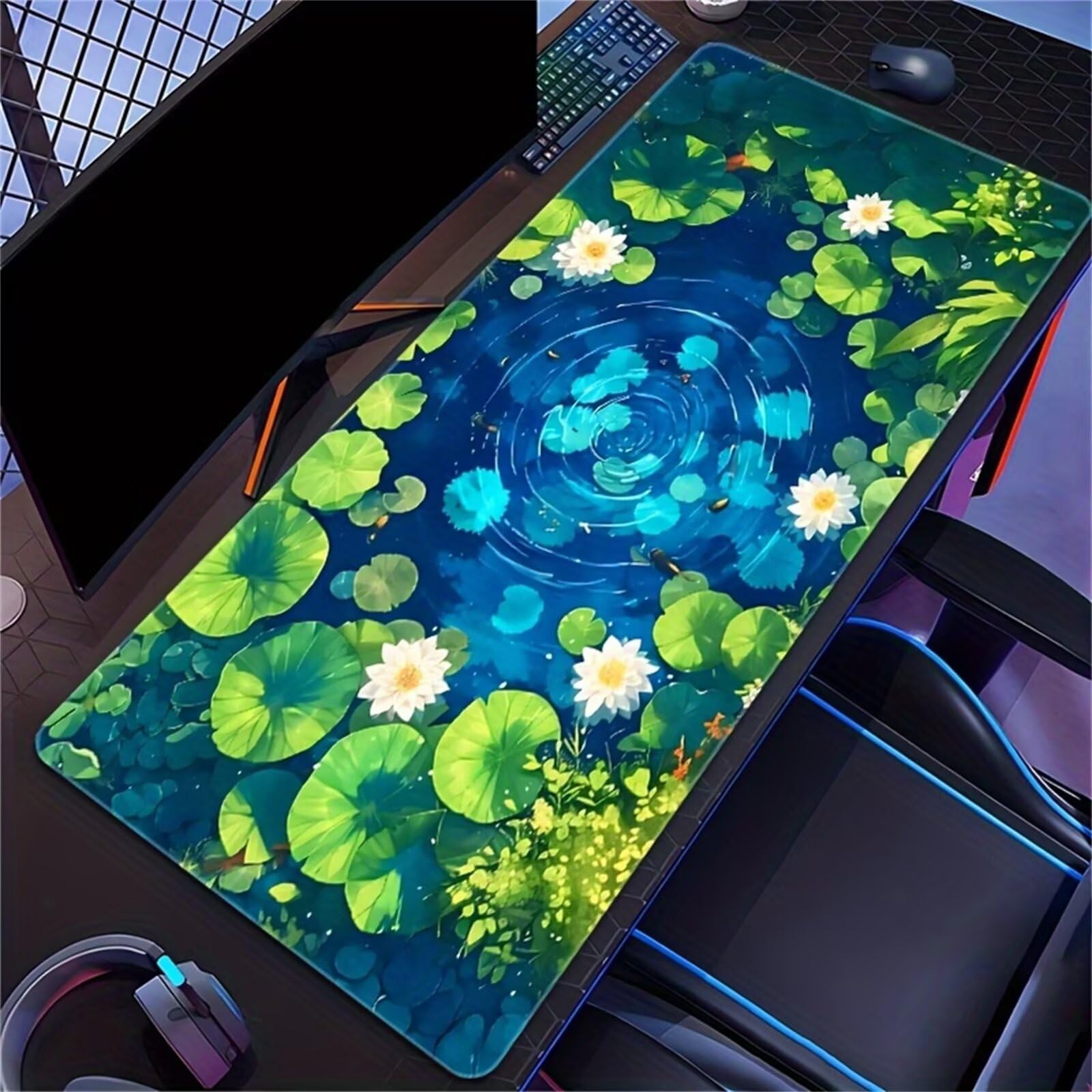 Grand Tapis de Souris de Jeu 1000x500x2 mm Mouse Pad Gaming Lotus Vert Tapis de Bureau Antidérapant avec Bords Cousus pour Bureau, Études, Gamer