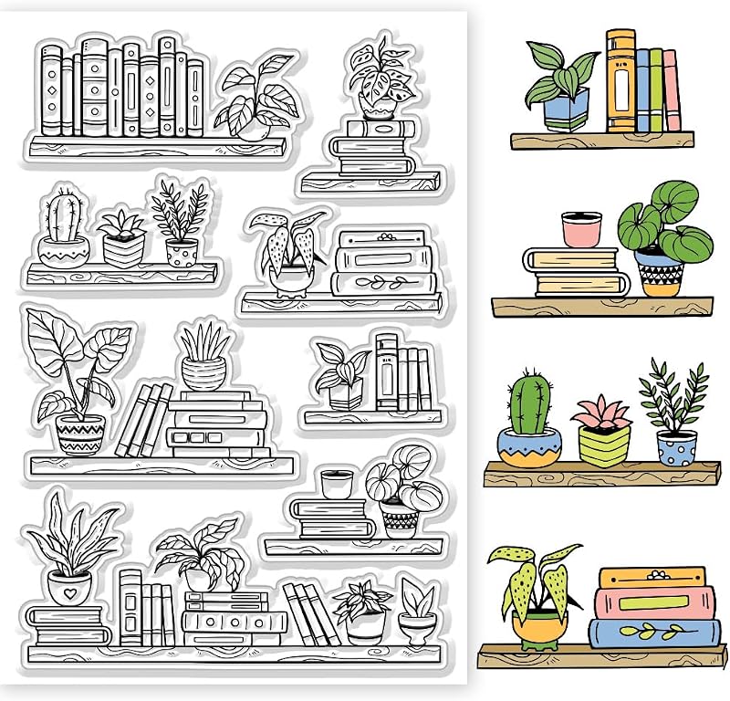 GLOBLELAND Potted Bookshelf Clear Stamps Book and Plant Embossing Silicone Stamp Seal for DIY Scrapbooking and Card Making Paper Craft Decor