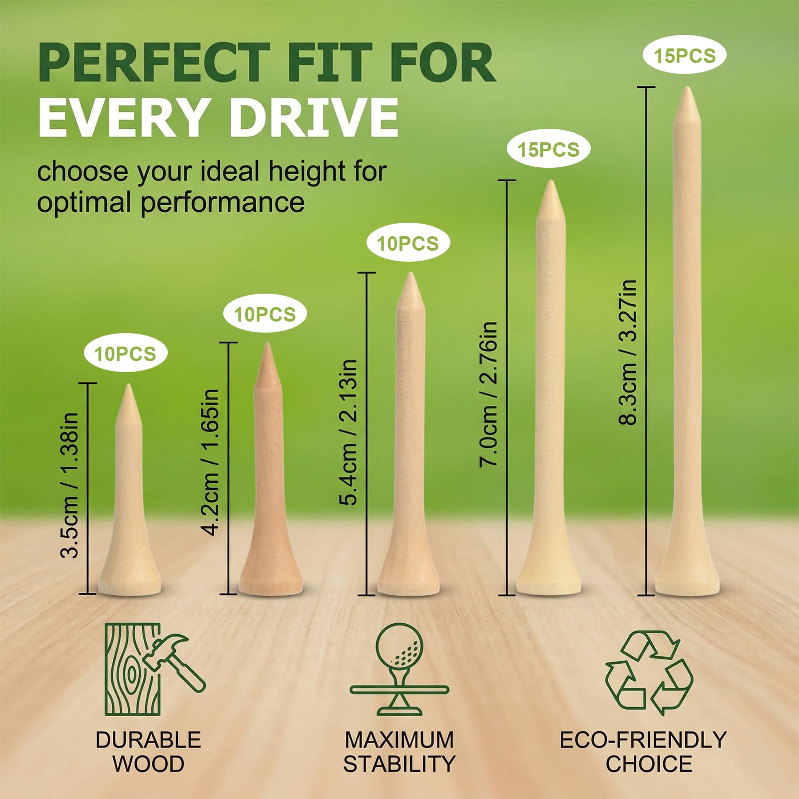 60 Pezzi Tee da Golf in Legno 5 Altezze Diverse (83mm-35mm), Accessori Golf Ecologici e Biodegradabili, Confezione Mista per Allenamento e Partita, Colore Naturale