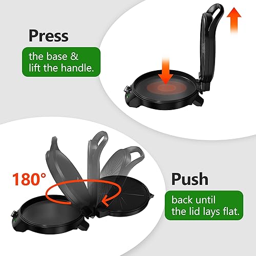 Miniatura 6 de Plancha eléctrica de 1500 W, plancha interior 2 en 1 y máquina de pizza con temporizador de 30 minutos y apagado automático, 12 pulgadas 180 abierto