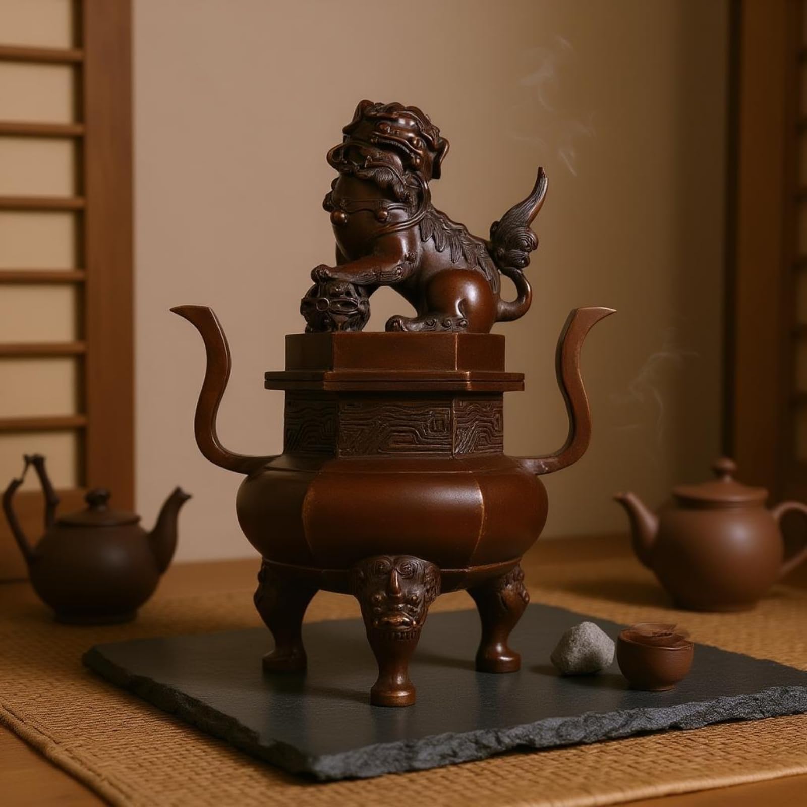LOVIVER de Cobre Quemador Sahumador Brasero Recipiente con Tapa de Latón Ornamental con Asas Curvas y Base Tallada Adecuado para Meditación Altar Interiores Formales