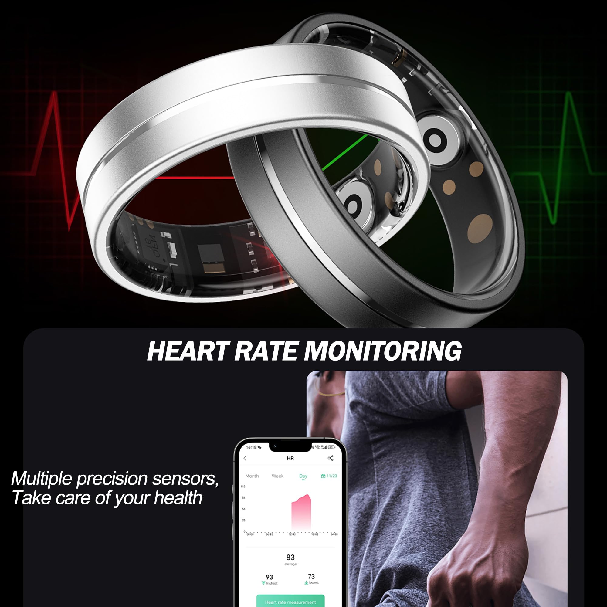 CNBRO Smart Rings Fitness Health Ring Heart Rate Sleep Rings Remote Family Care Sports Exercise Modes Activity Tracker Pedometer Smart Rings for Android & iOS Phones