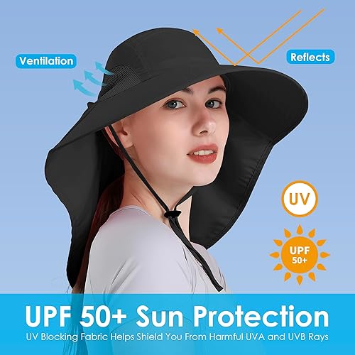 Miniatura 17 de Sombrero de sol para mujer, protección UV, plegable, impermeable, de ala ancha, con solapa para el cuello, para verano, playa, pesca, senderismo
