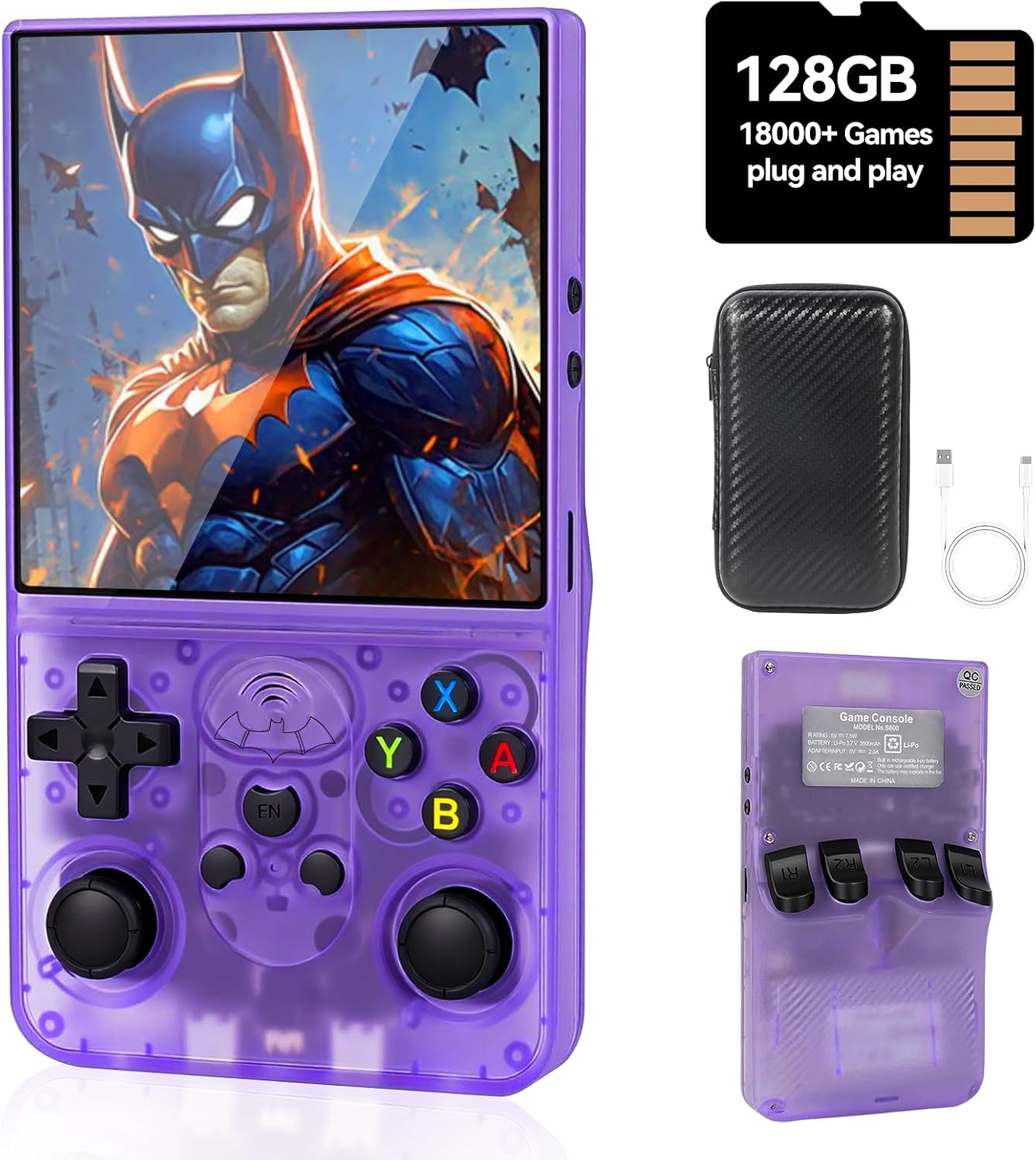 S600 Retro Handheld Game Console, 4 Inch 720p IPS Screen, 128GB with 18,000+ Pre-Installed Games, 3500mAh Battery for Long Play, Portable Linux System (Black)