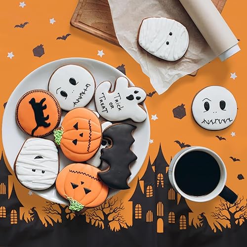 Miniatura 5 de Imeepa 2 manteles de Halloween rectangulares de 54 x 72 pulgadas, mantel de plástico desechable con árbol de bruja de castillo, murciélago,