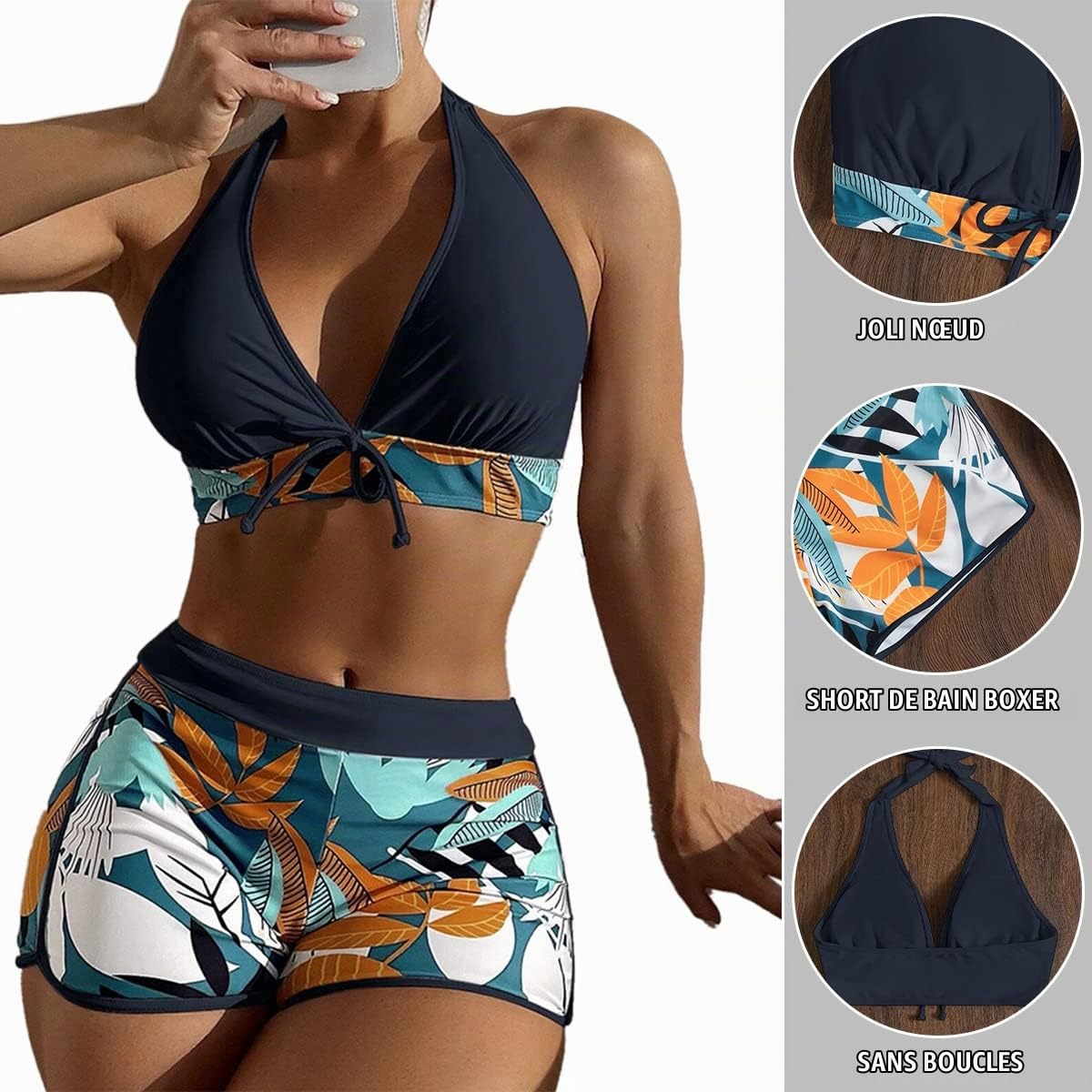 Maillot de Bain Femme 2 Pièces Bikini Dos Nu Sport Shorty Imprimé Taille Haute Bikini Set V-Cou Swimwear Haut Triangle Réglable Taille Mid Waisted Rembourré Maillot