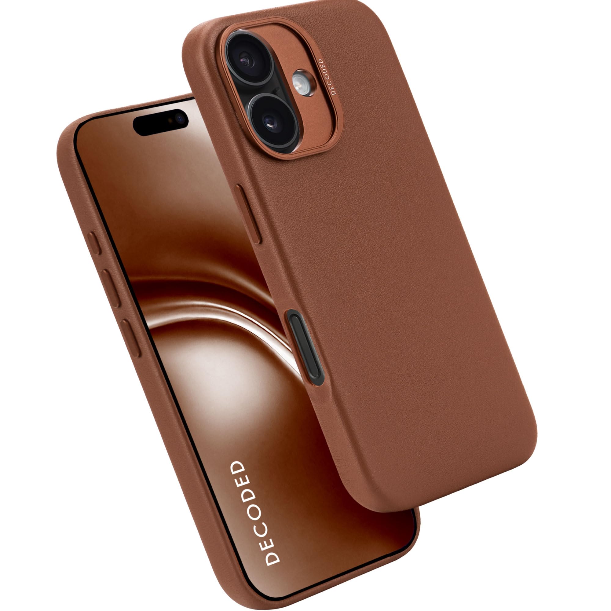 Decoded Lederhülle für iPhone 16, MagSafe-kompatible Hülle, Aus Hochwertigem ECCO-Leder, Hervorragender Fall- und Aufprallschutz, Kratzfeste Handyhülle, Metalltasten, Tan