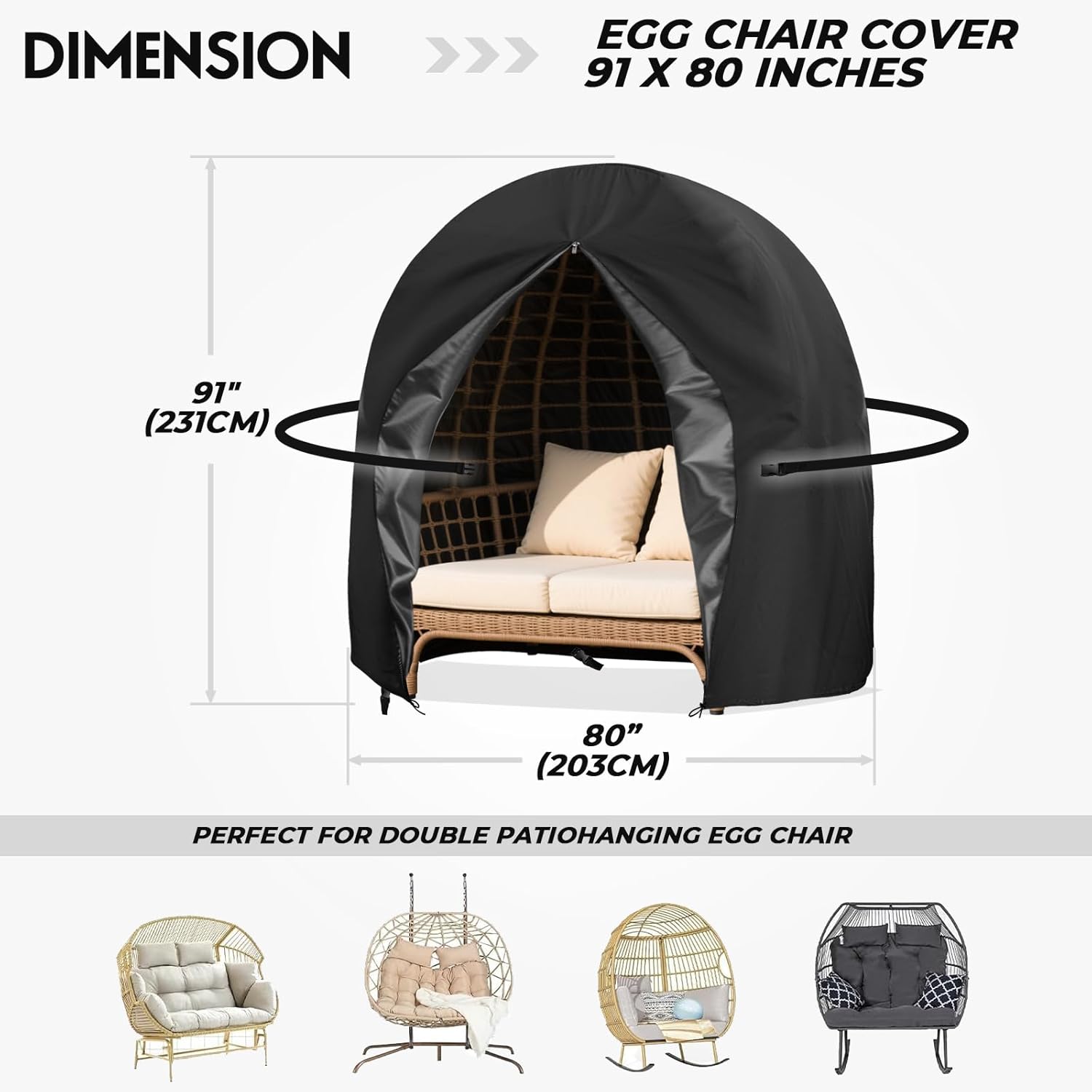 Double Egg Chair Cover Waterproof 420D Oxford Hanging Outdoor Furniture Covers for Patio Wicker Egg Swing Cocoon Chair, 91x80 Inches, Black
