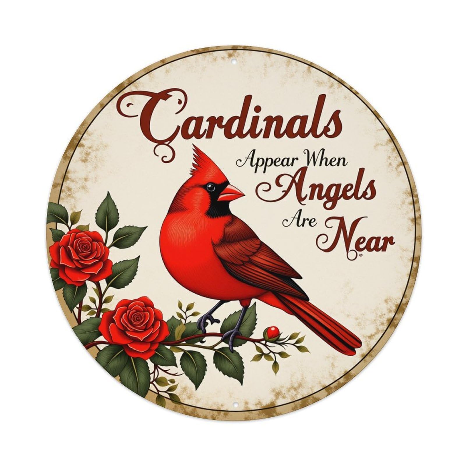 Cardinal Bird Roses Angels Near Round Tin Sign Vintage Metal Poster, Home Bar Garage Man Cave Cafe Indoor & Outdoor Wall Decoration 8x8Inches