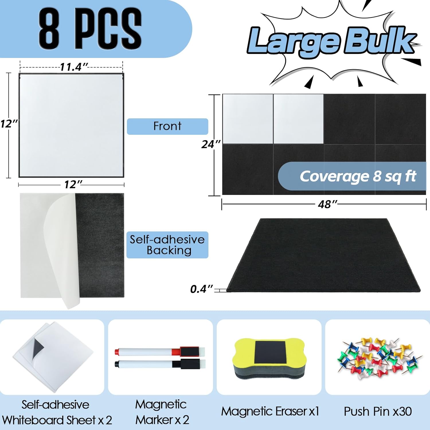 BXI Felt Bulletin Board with Pins & Magnetic Dry Erase Whiteboard Combo, 8 Pcs 12 X 12 X 3/8 Inch Self-Adhesive Vision Display Tiles, Note Memo Panels for Home School Education Office Wall Decor