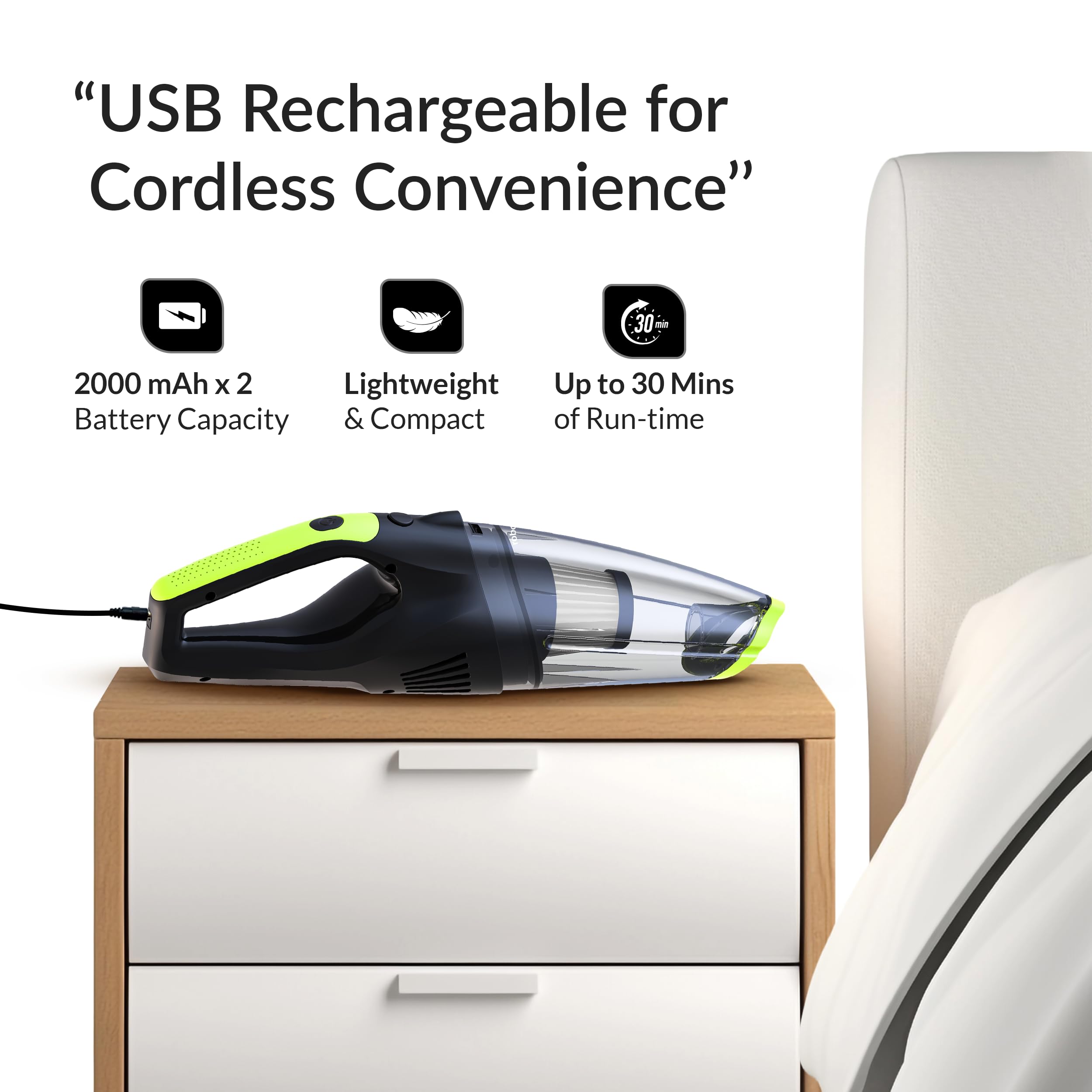 Roboson VC201 Handheld Cordless Vacuum Cleaner for Home and Car Powerful 6 kPa Suction for Dust & Pet Hair Removal, Rechargeable Wireless Wet/Dry for Bed and Sofa with LED Light 1