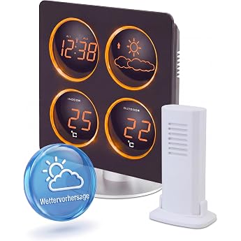 Techno Line WS6830 Weather Stations with Outdoor Transmitter Display of Indoor Temperature and Outdoor Temperature via Radio Weather Tendence Operation with Power Supply LED Display in Orange Black