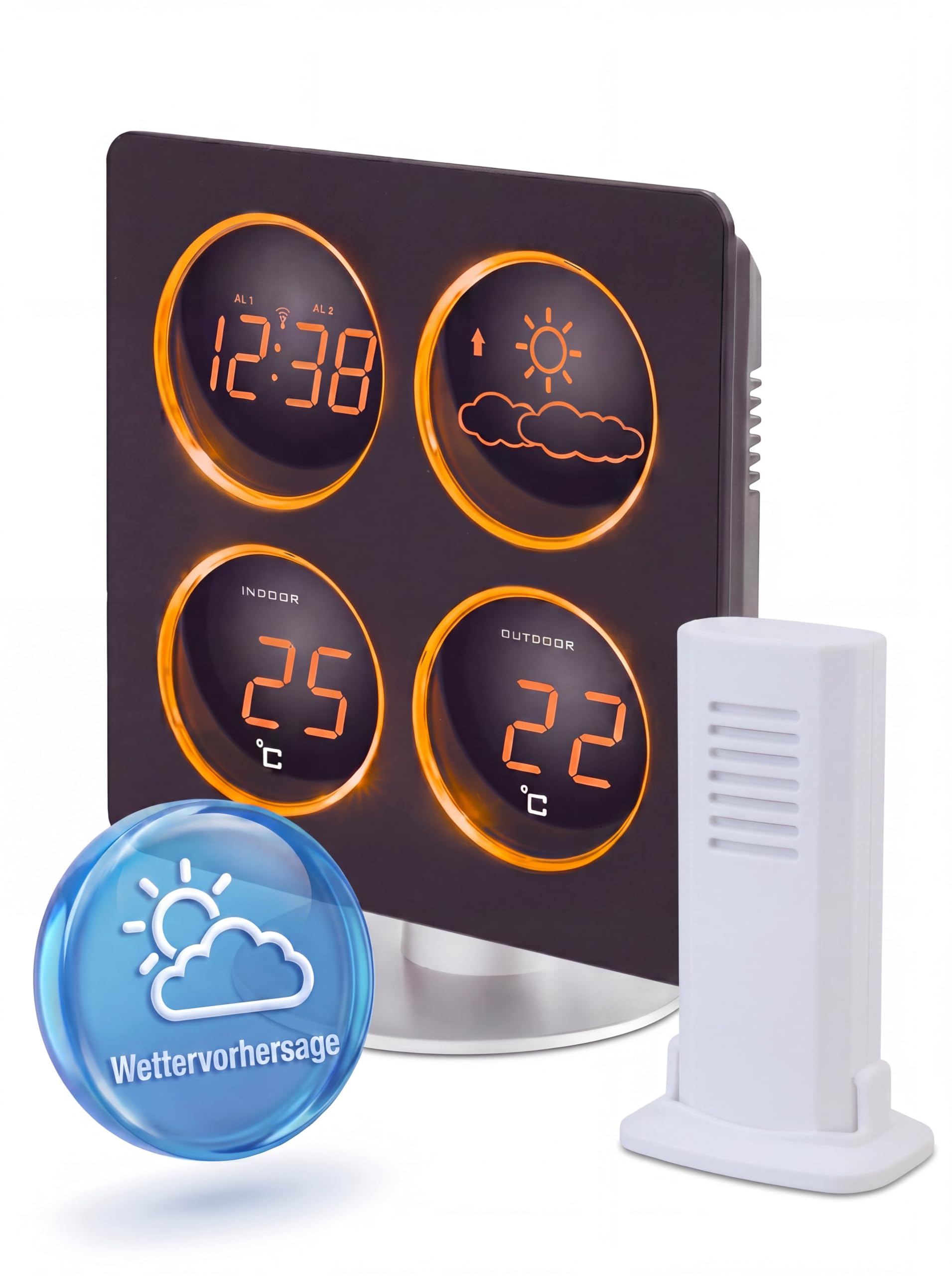techno line WS6830 Wetterstationen inklusive Außensender, Anzeige von Innentemperatur und Außentemperatur über Funk, Wettertendenz, Betrieb mit Netzteil, LED Anzeige in orange, schwarz