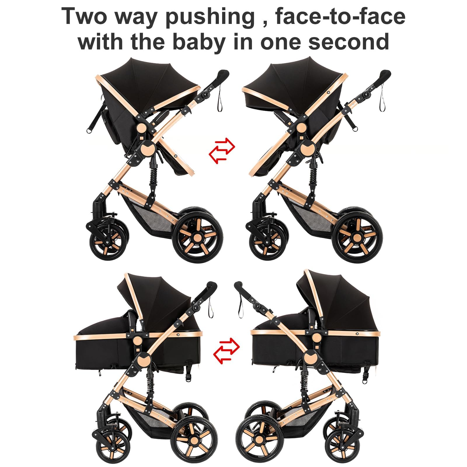 Poussette 3 en 1 Haute Vue Pliante Aluminium Système Voyage Bébé Noir Doré