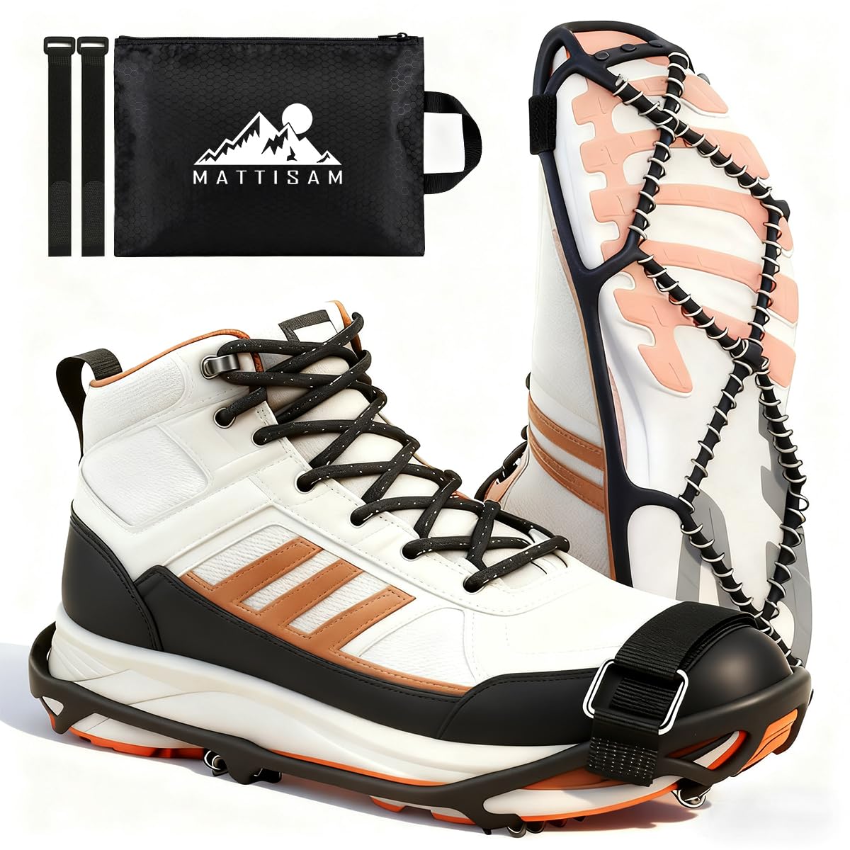 Ice Cleats for Walking on Ice Snow, Crampons Traction Grips Spikes for Shoes Boots, Anti-Slip Flexible Footwear Grippers for Climbing Hiking Fishing Outdoor Running with 2 Adjustable Straps