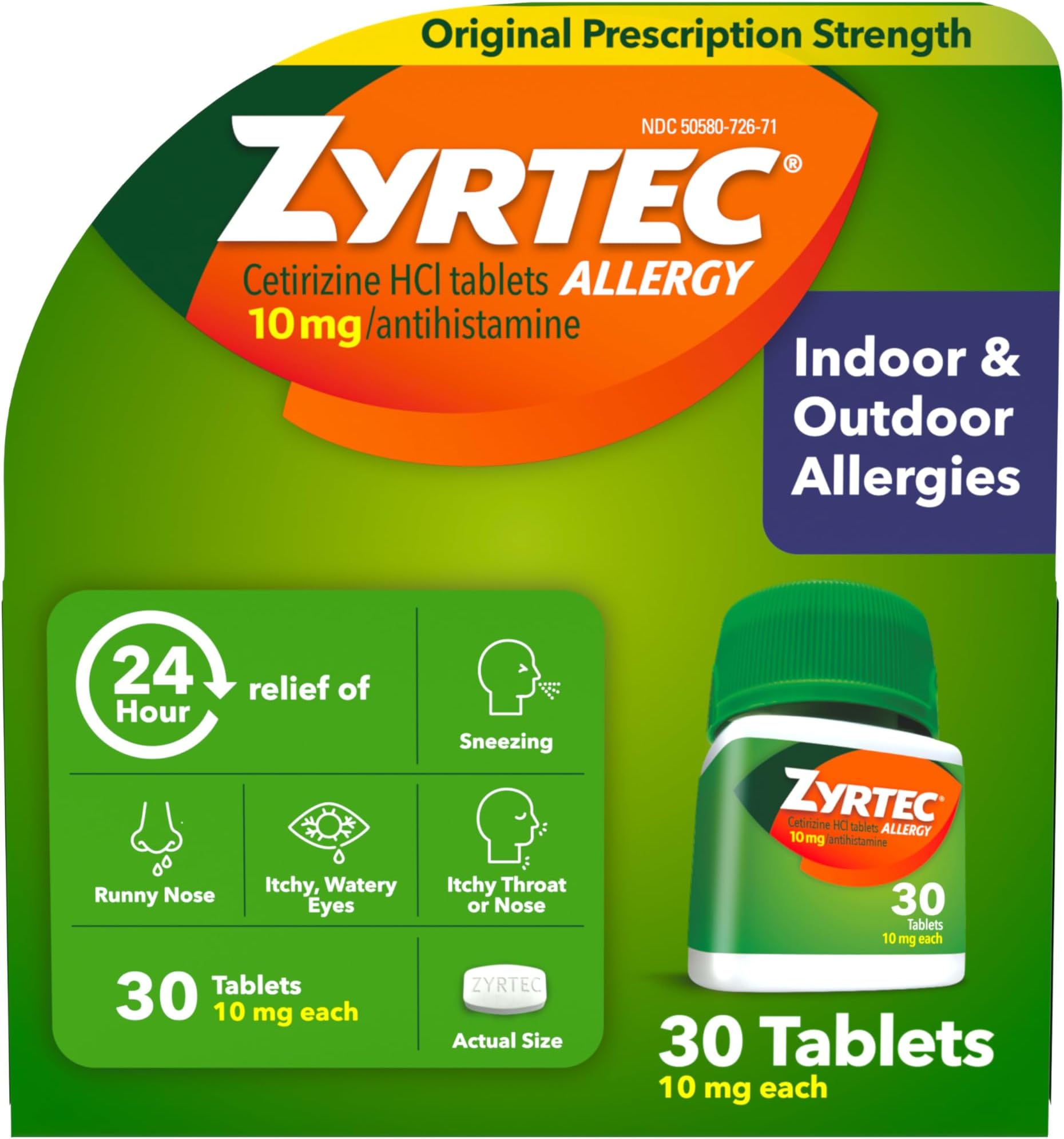 24 Hour Allergy Relief Tablets, Indoor & Outdoor Anti Allergy Medicine with 10 mg Cetirizine HCl per Antihistamine Tablet, Relief from Runny Nose, Sneezing, Itchy Eyes & More, 30 ct