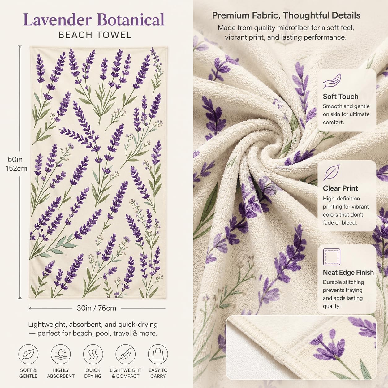Serviette de Plage Tiges De Lavande Microfibre Rapide 200x200 cm