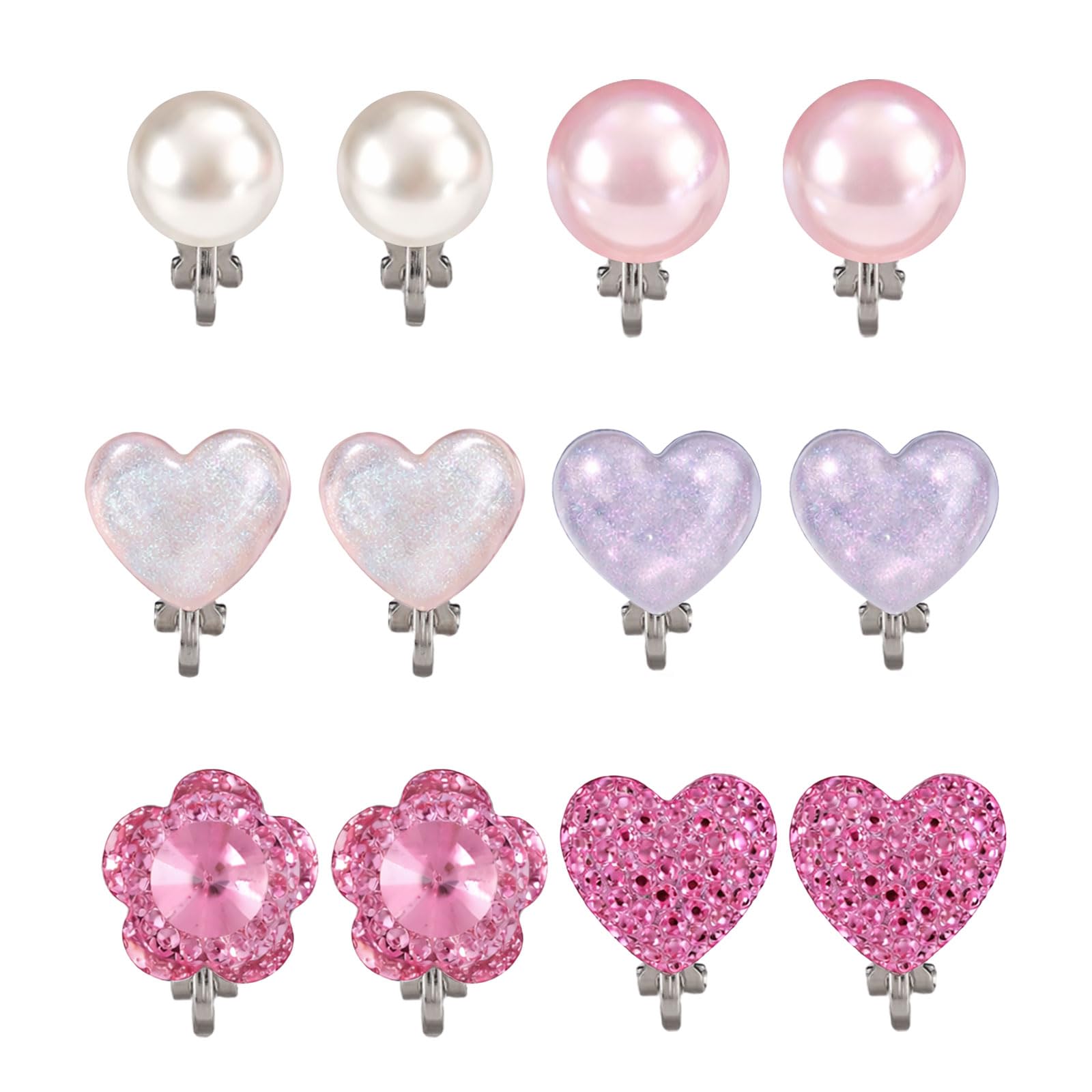 6 Pairs of Pearl Heart Gemstone Clip on Earrings for Girls, Resin Colorful Clip on Earrings with Silicone Ear Pads for Teenagers Kids Dress Up Jewelry