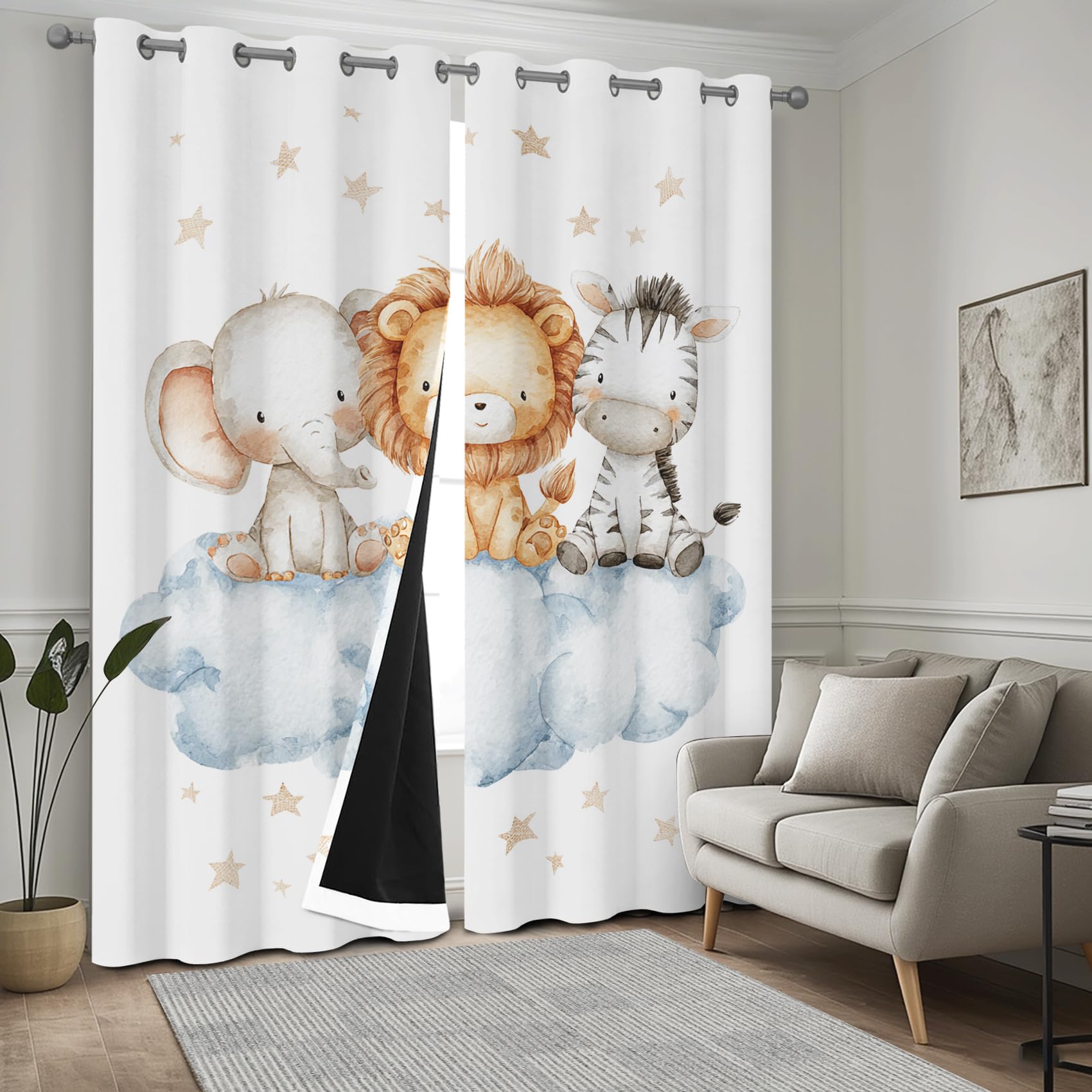 Générique Rideau Occultant Safari Animaux, Motif Lion Éléphant Zèbre, Rideaux Thermiques à Oeillets pour Chambre Salon, Enfants Garçons Filles Lot de 2 Décoration de Fenêtre 140x200 (LxH), &240oT