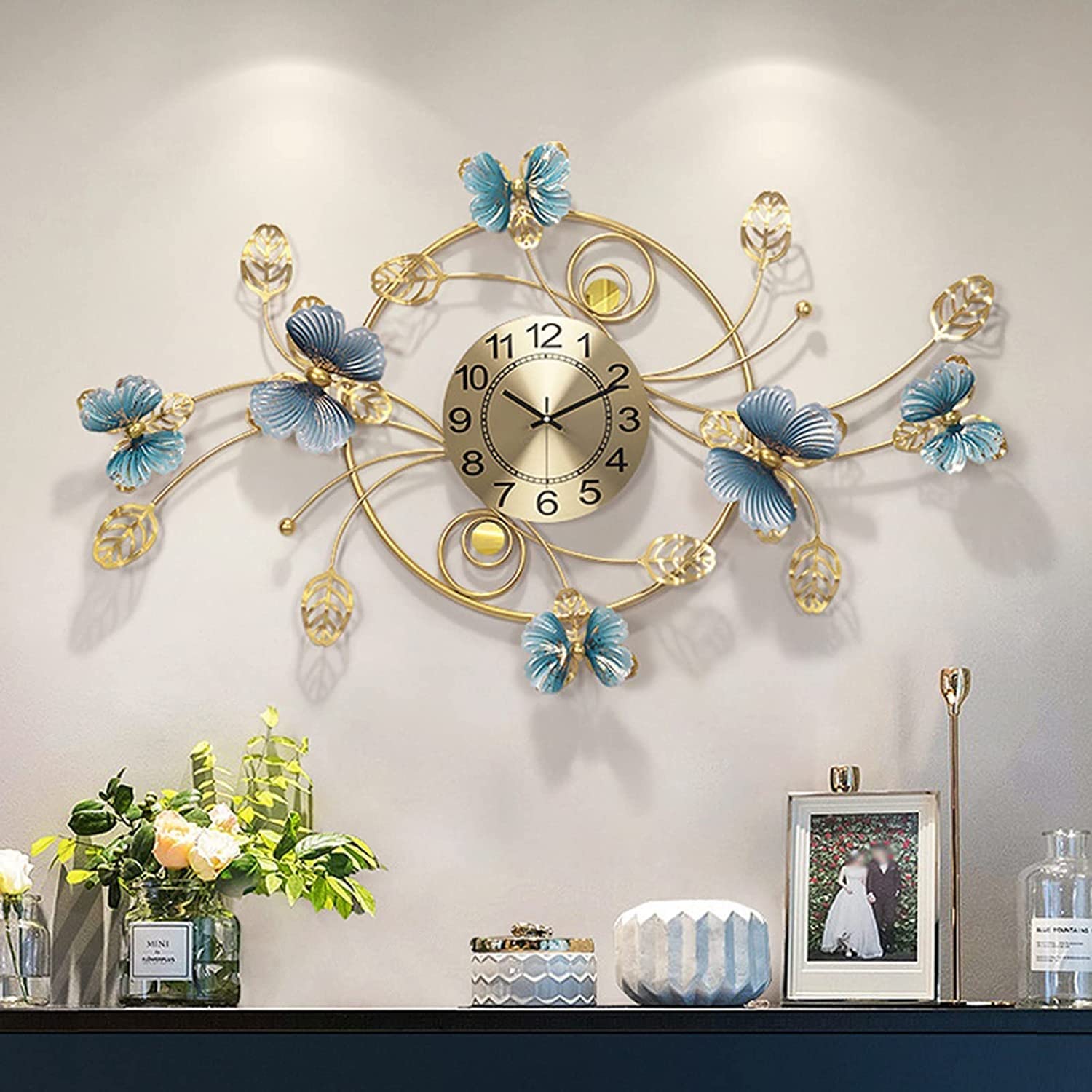 Sjdopulse Wall Clock Modern Art Wall Clock Large Metal Butterfly Wall Clock, Modern Silent Non-Ticking Quartz Clock, Natural Art Decoration For Living Room Bedroom Kitchen Office Wall D