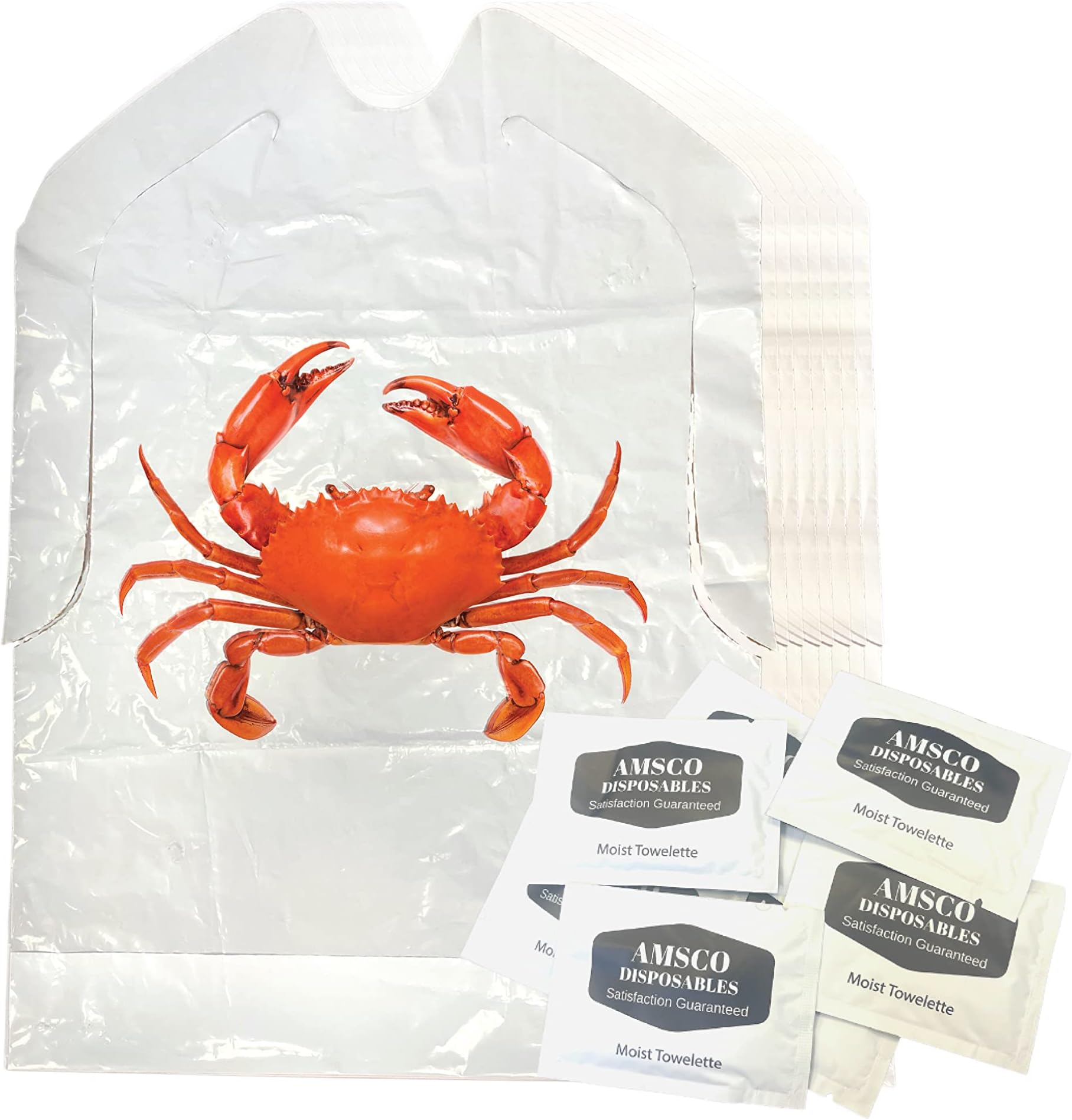 Crab Bib & Wet Wipe Bundle- 25 Disposable Bibs and 25 Moist Towelettes for Crawfish Boil, Seafood Fest, or Home Dinner Party