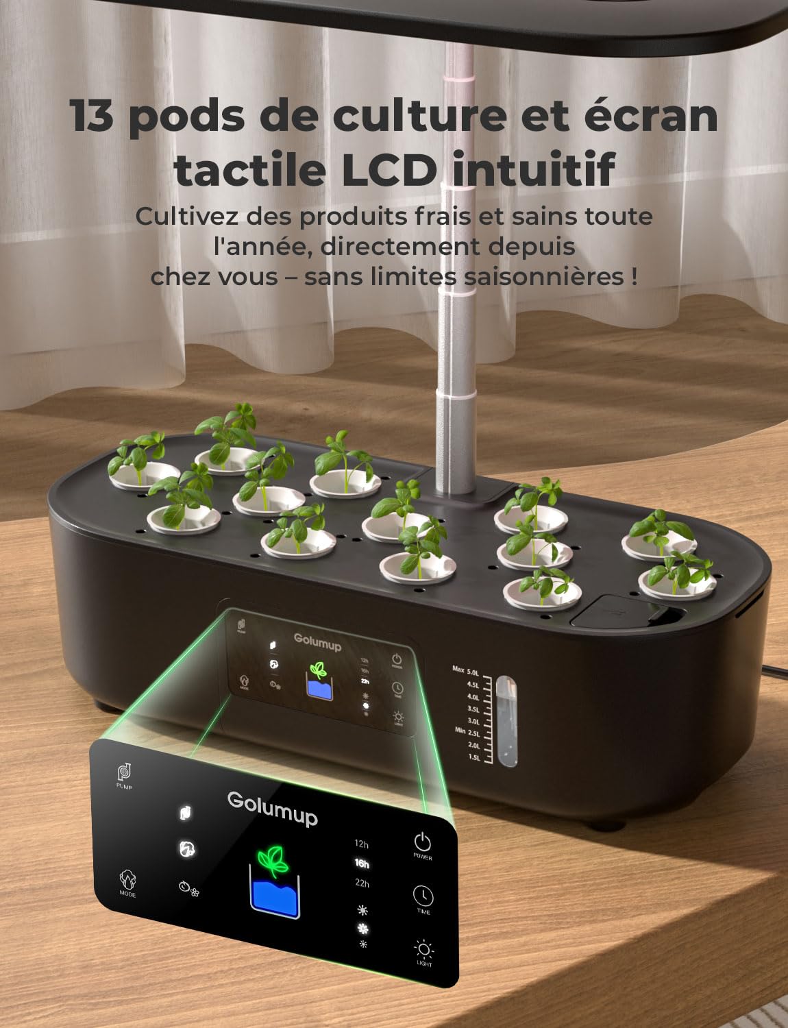 Potager d'intérieur 13 Pots avec Lampe Culture LED, Minuterie Automatique, Hauteur Réglable, Noir