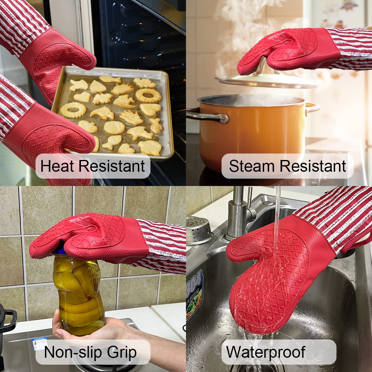 Alselo Extra Long Silicone Oven Mitts Set Of 2 | Heat Resistant Up To 500°F | Anti-Slip Kitchen Gloves With Cotton Lining For Baking, Grilling, Cooking (Green)