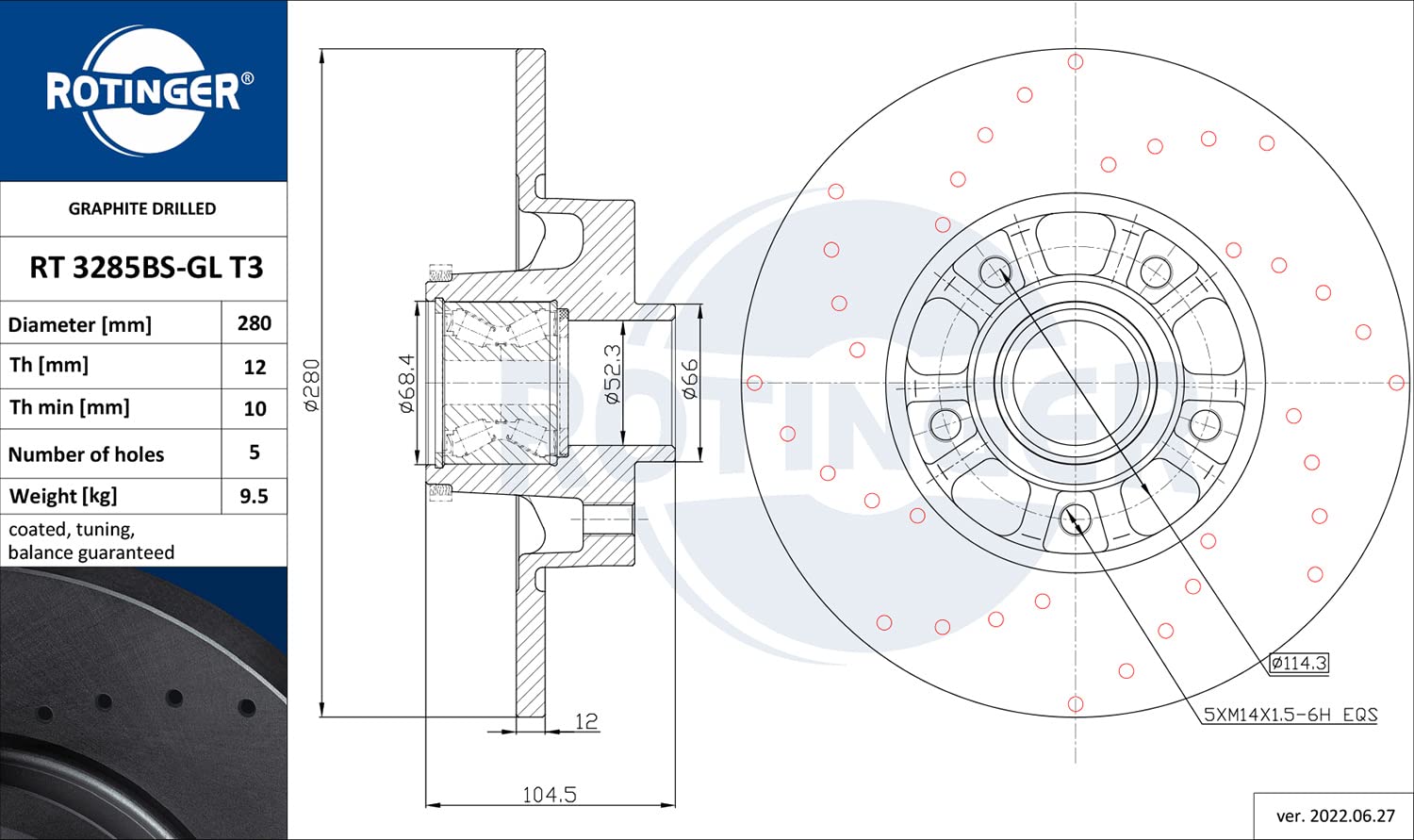 ROTINGER Rotori disco freno (asse posteriore, Set di 2 pezzi) Con rivestimento anticorrosione, RT 1694-GL T3