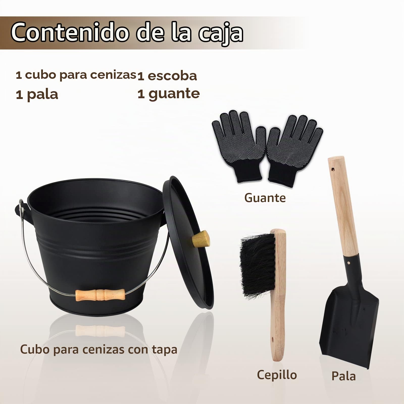 BRIAN & DANY Cubo Cenizas con Tapa, 5L Cubo para Cenizas de Chimenea con Pala y Escoba