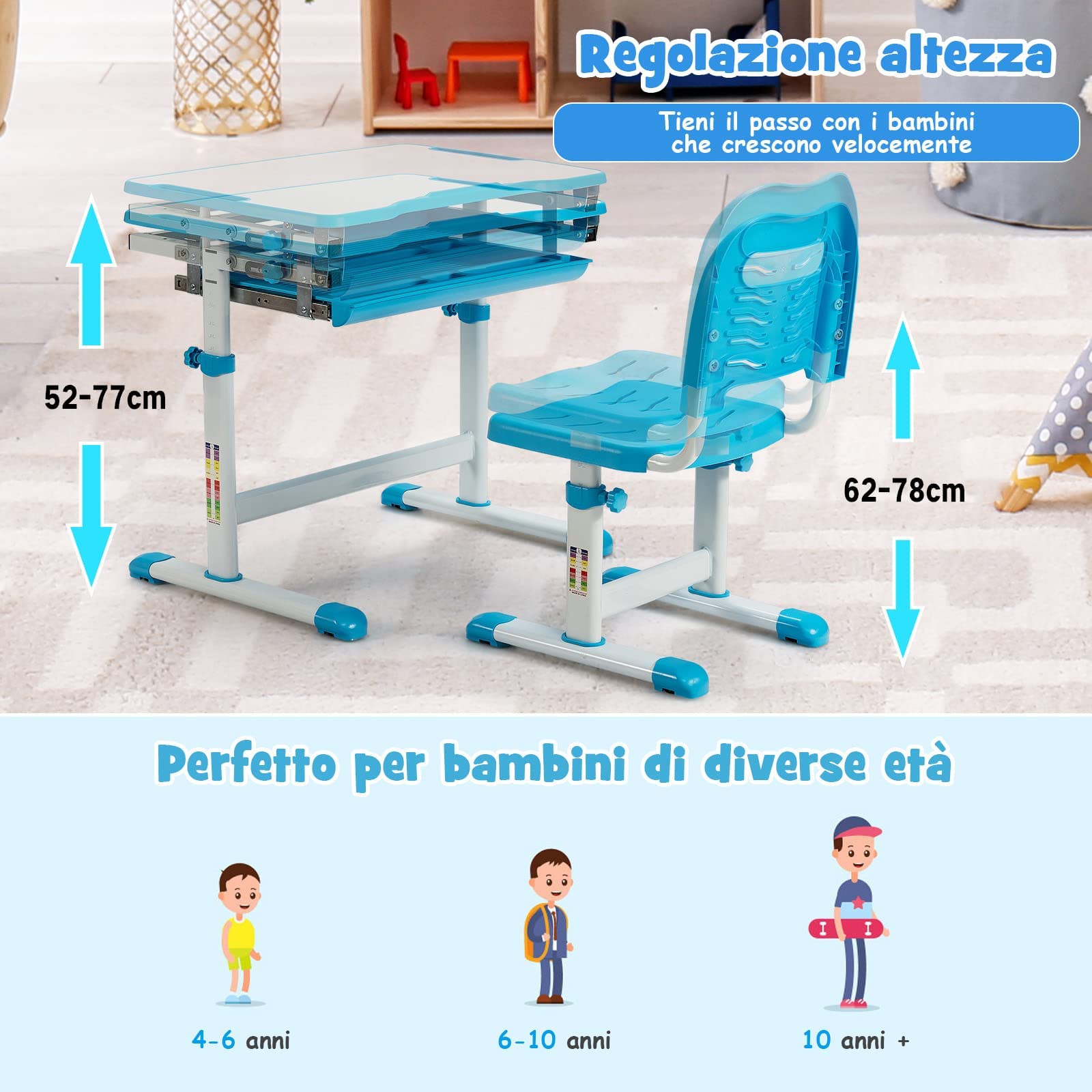 Set Scrivania E Sedia Bambini Relax4Life - Regolabile, Piano Inclinabile, Grigio, Portata 100kg - Foto 6