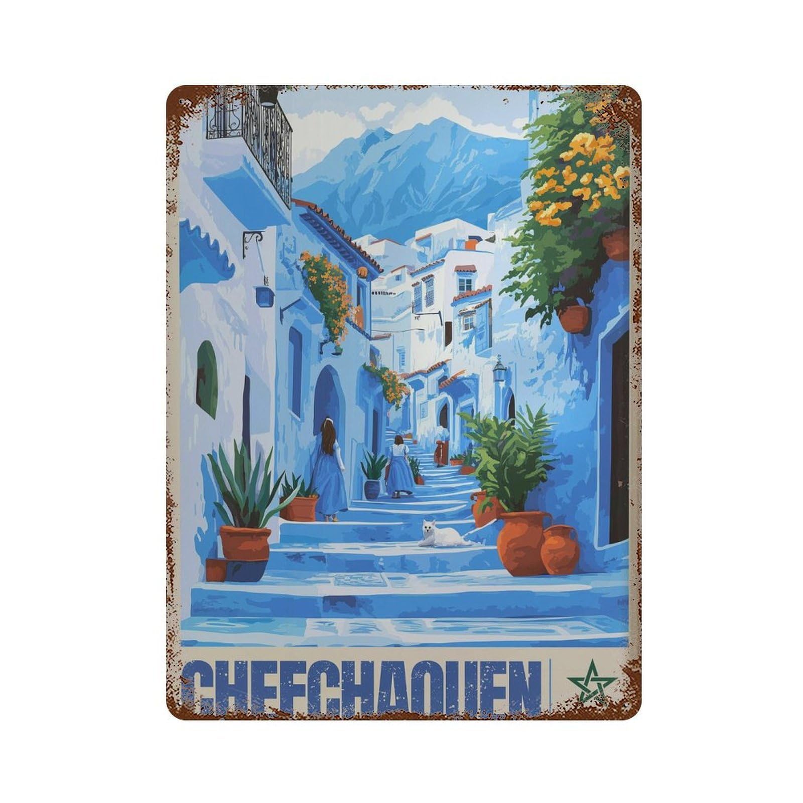 xiaoxiaoshen Chefchaouen Morocco Travel Blue City Wall Decor Art Metal Tin Poster Modern Home Decor Art Home Bar Shop Decorations Vintage Sign 40x30cm