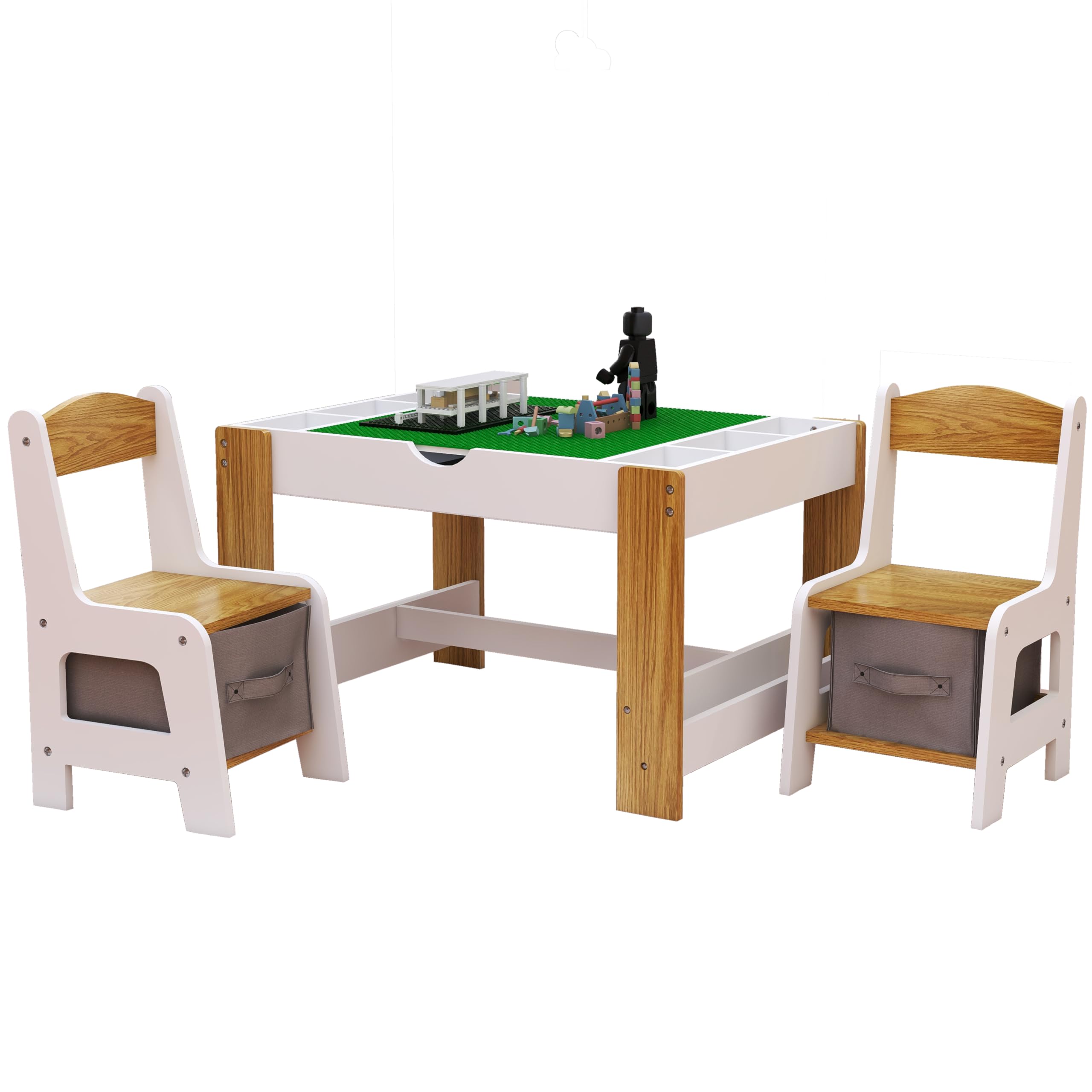 Veemuaro 2 in 1 Kids Play Table and 2 Chair Set, Detachable Construction Play Table Set with Storage, Compatible with Lego, Toddler Play Table for Drawing, Reading, Build Blocks (White & Natural)