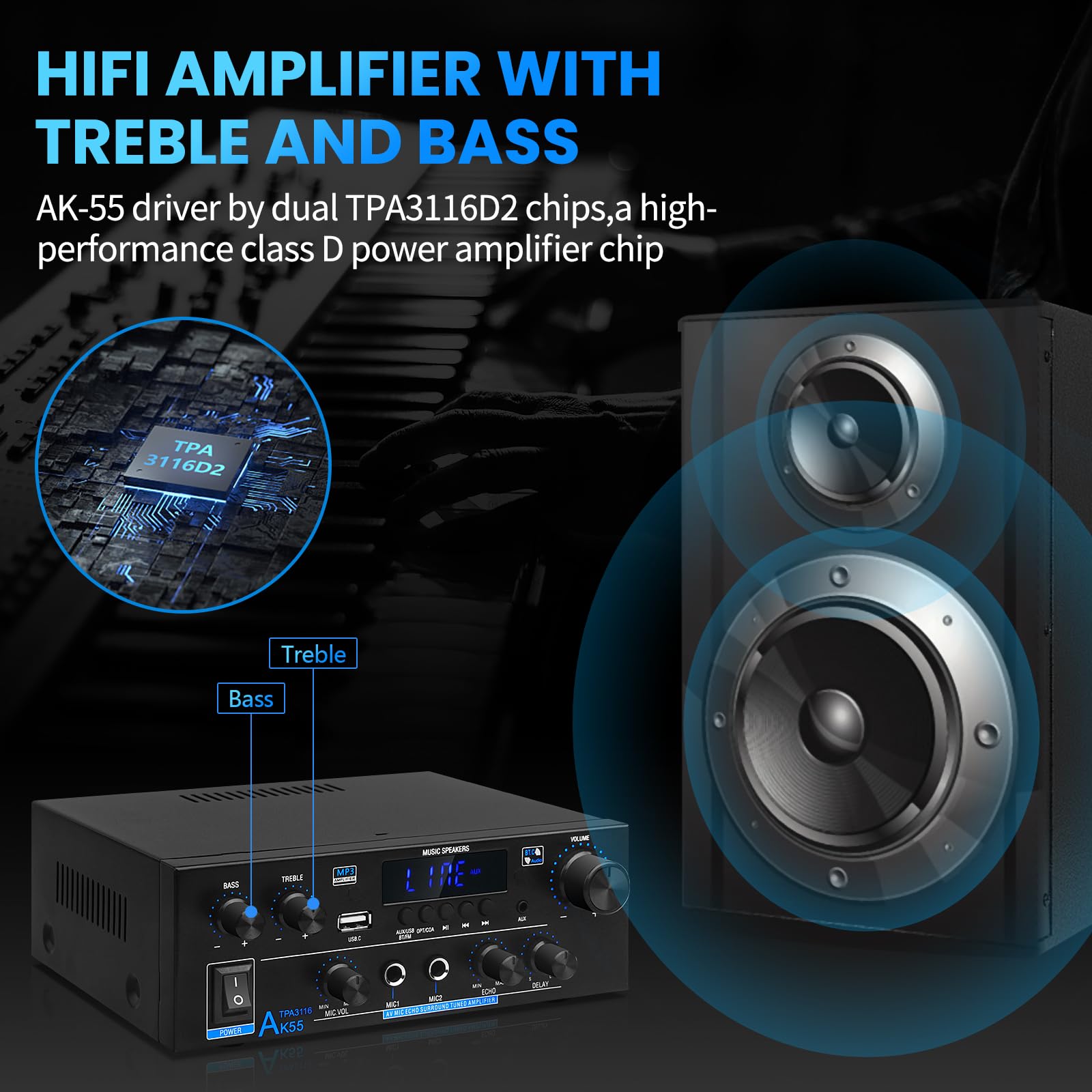 sikkeby Wzmacniacz HiFi AK55 Bluetooth stereo wzmacniacz audio, 2 kanały 70 WX2 maks. 600 W, wzmacniacz dźwięku 12 V/220 V, do domu lub samochodu, AK-55-DE