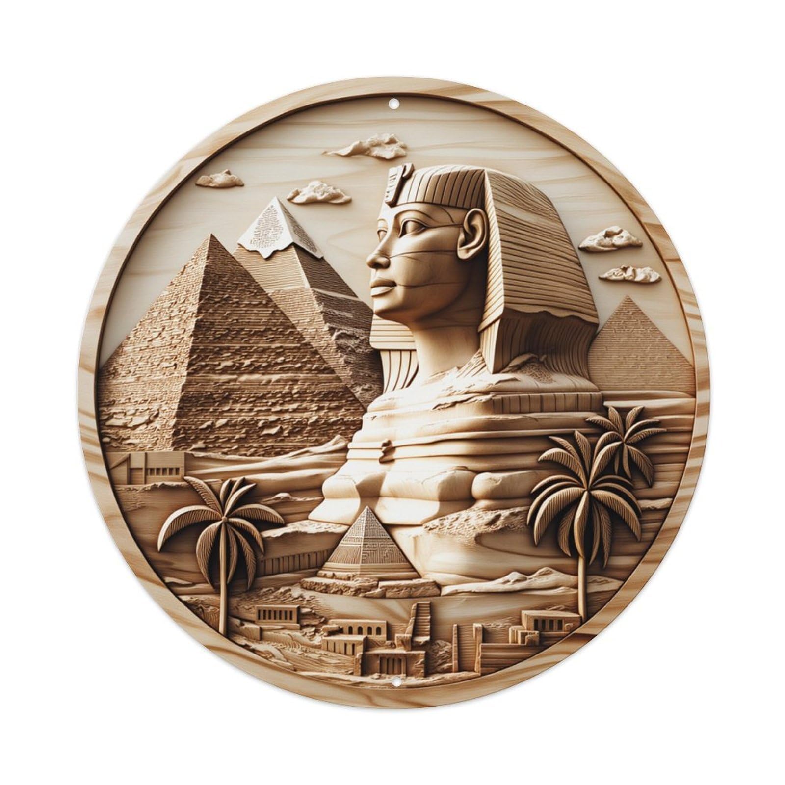 Egyptian Sphinx Pyramids Palm Trees Round Tin Sign Retro Metal Sign for Cafe Bar Pub Home Game Room Gym Club Wall Decoration Vintage Metal Poster 8x8 Inch