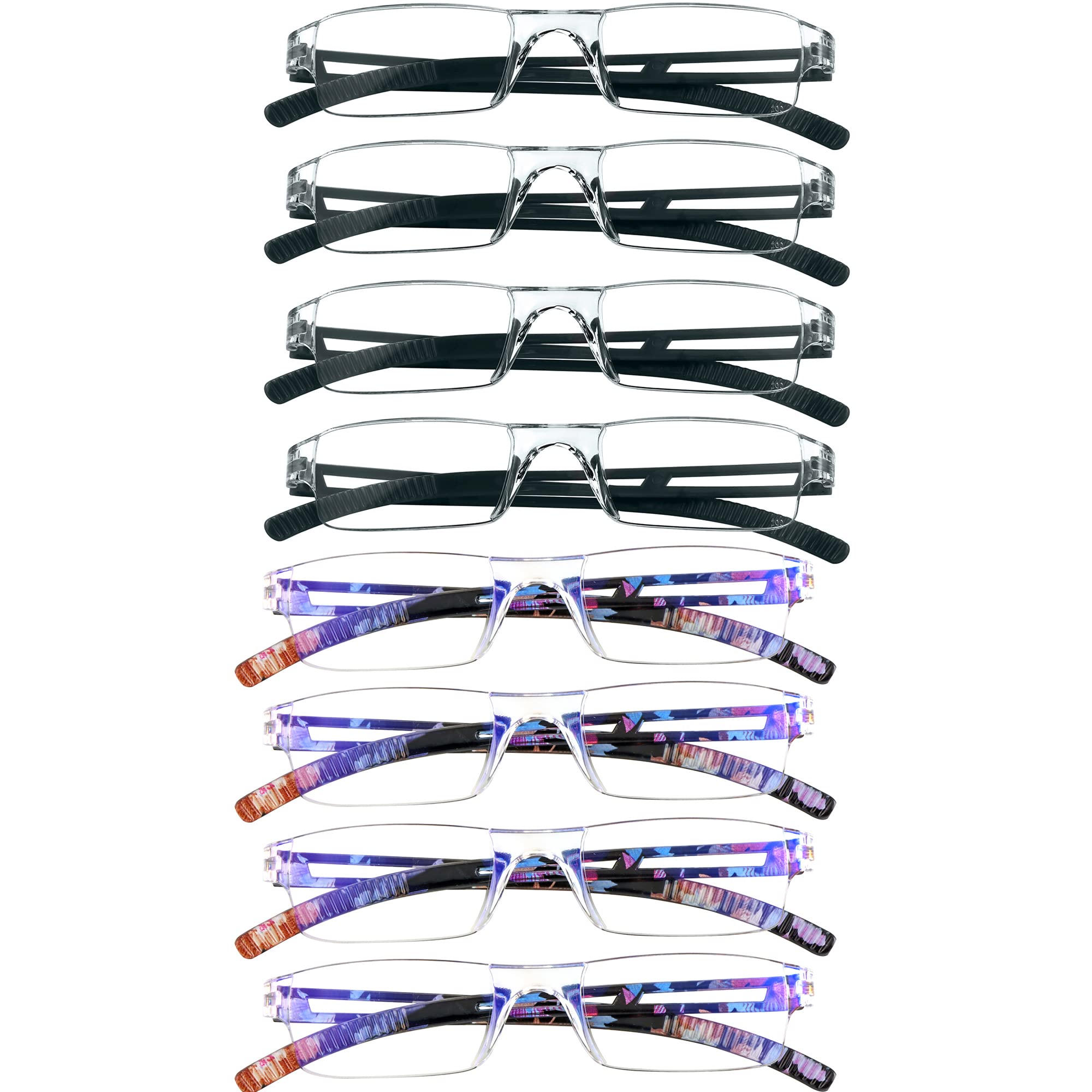 VisionGlobal 8 Pairs Reading Glasses, Blue Light Blocking Glasses, Computer Reading Glasses for Women and Men, Fashion Square Eyewear Frame (4black+