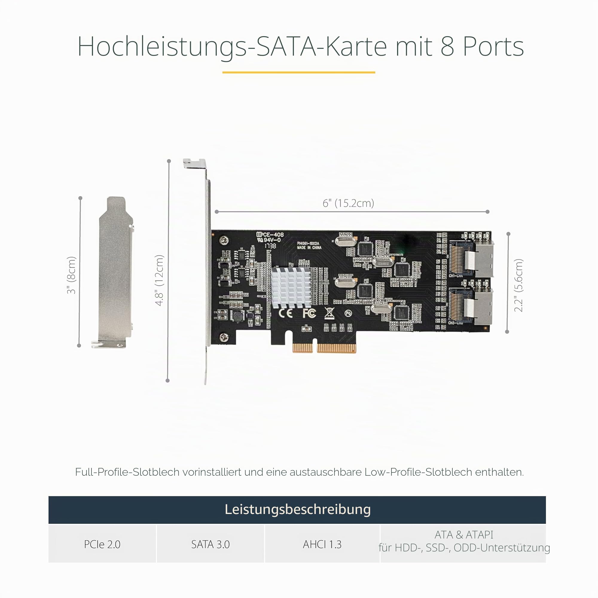 StarTech SATA PCIe Controller 8 Port - 6 Gbit/s PCI Express Adapter - PCIe Schnittstellenkarte - PCI-e x4 Gen 2 zu SATA III, HDD/SSD (8P6G-PCIE-SATA-CARD)